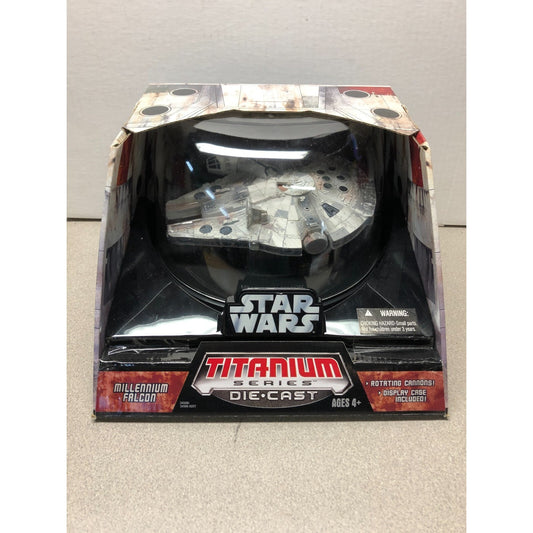 Star Wars Titanium Die Cast Millennium Falcon front view of package displaying item