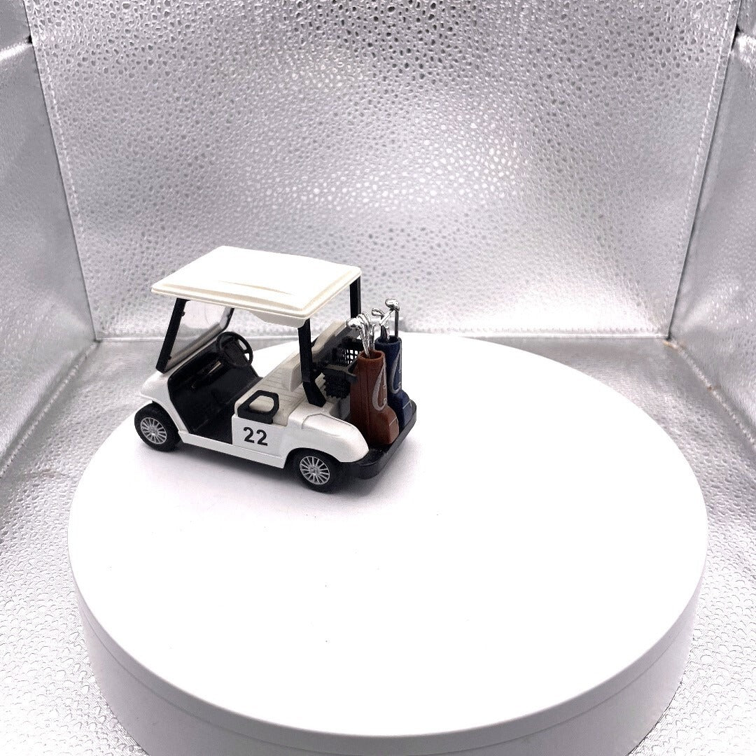 Kinsfun Golf Cart w/ Clubs Diecast Metal Model Caddy Toy Car White Logo Cart #22, KS 5105
 driver's side/rear view