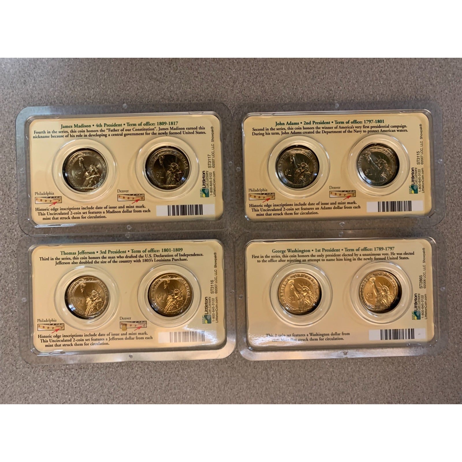 2007 Presidential $1 Coins - Includes Washington, Adams, Jefferson, and Madison P+D 2 coin sets back of coin pacakges