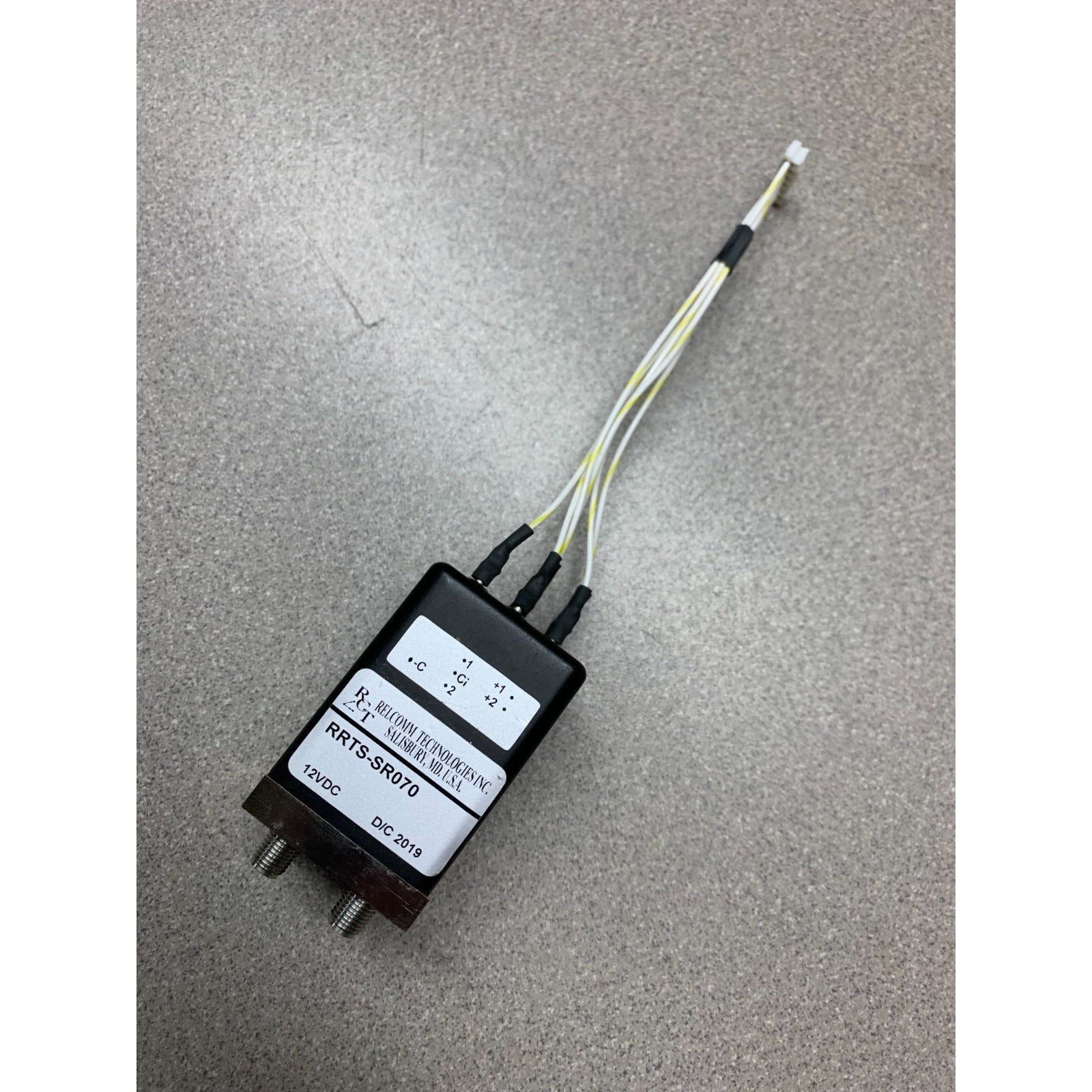Transfer Relay Relcomm Technologies RRTS-SR070 12VDC w/SMA Connectors top view with product label and connection specifications