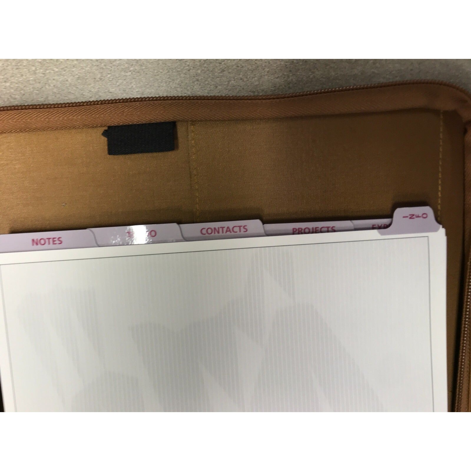 Day Runner Leather Case Phone Book, Contact List, Notes, To-do List, Project/Expense Report closeup of tabs for different sections, Notes, Contacts, etc. 