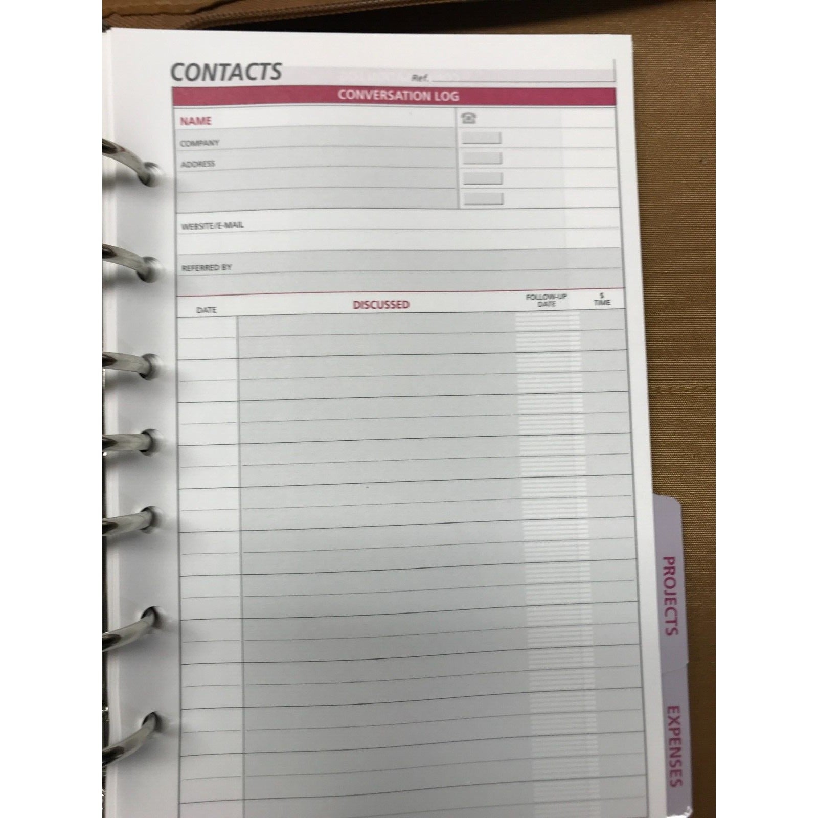 Day Runner Leather Case Phone Book, Contact List, Notes, To-do List, Project/Expense Report Contacts page view