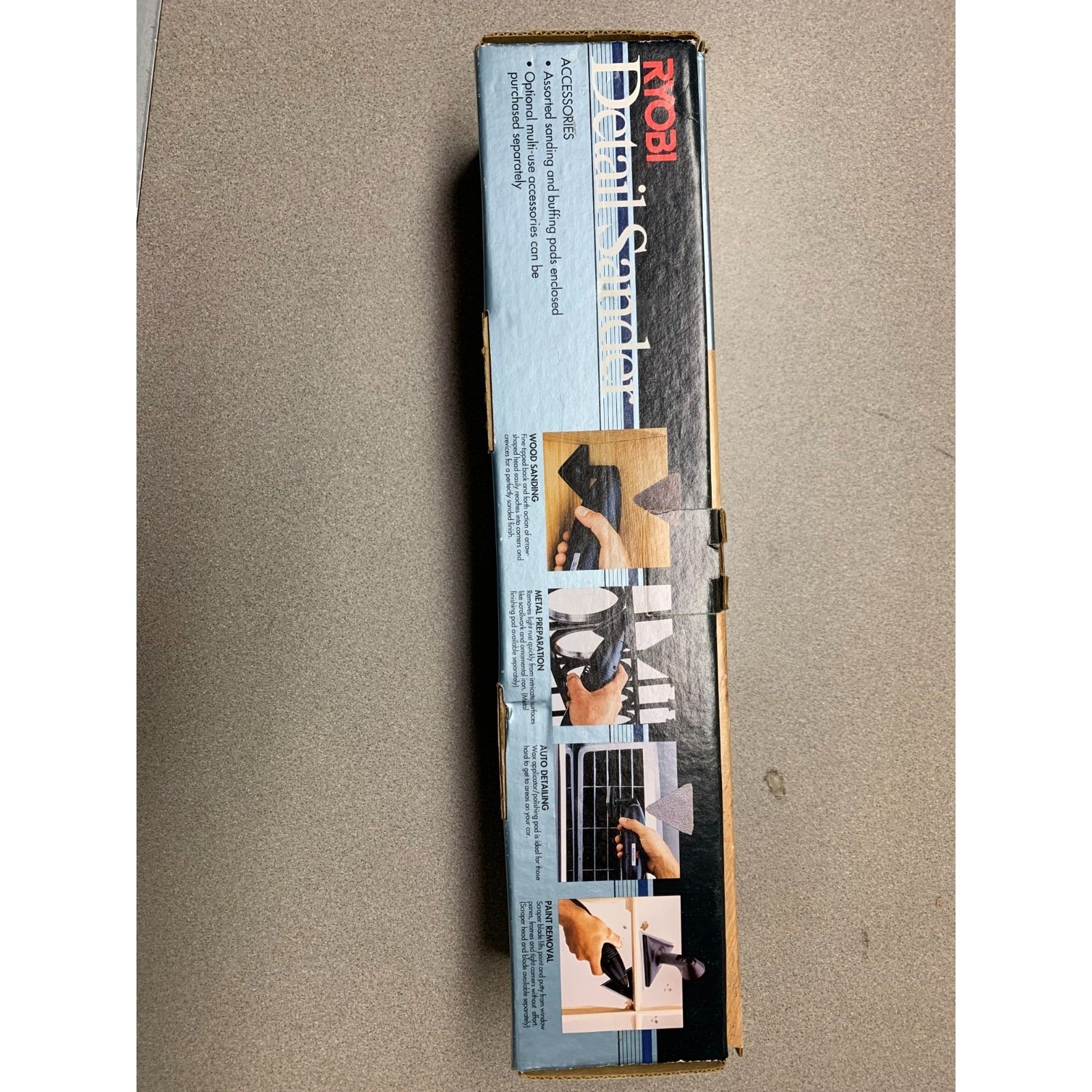 Ryobi Detail Sander DS-1000 front on box item details and uses