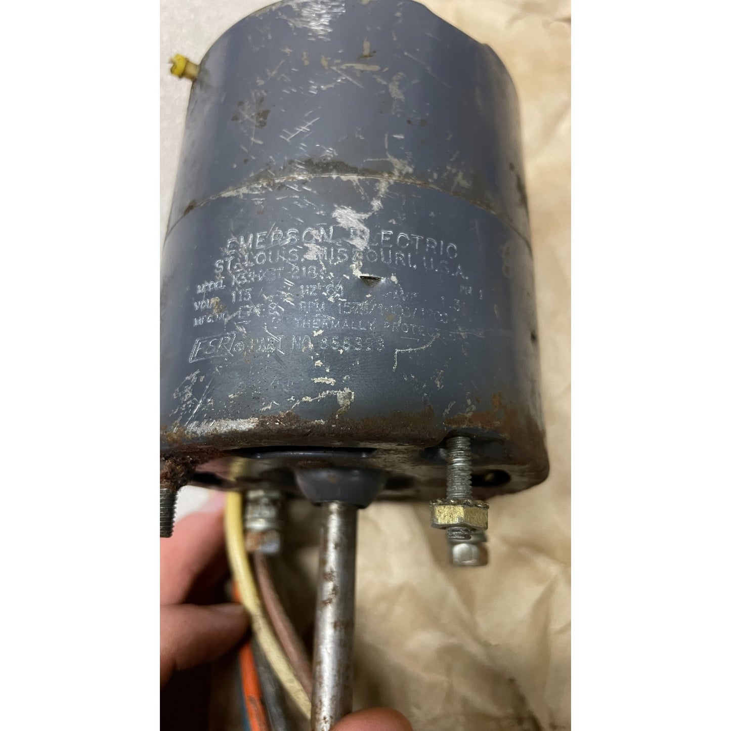 Emerson Electric 115 VAC Electric Motor - Model K33HXBT-218 closeup of product label