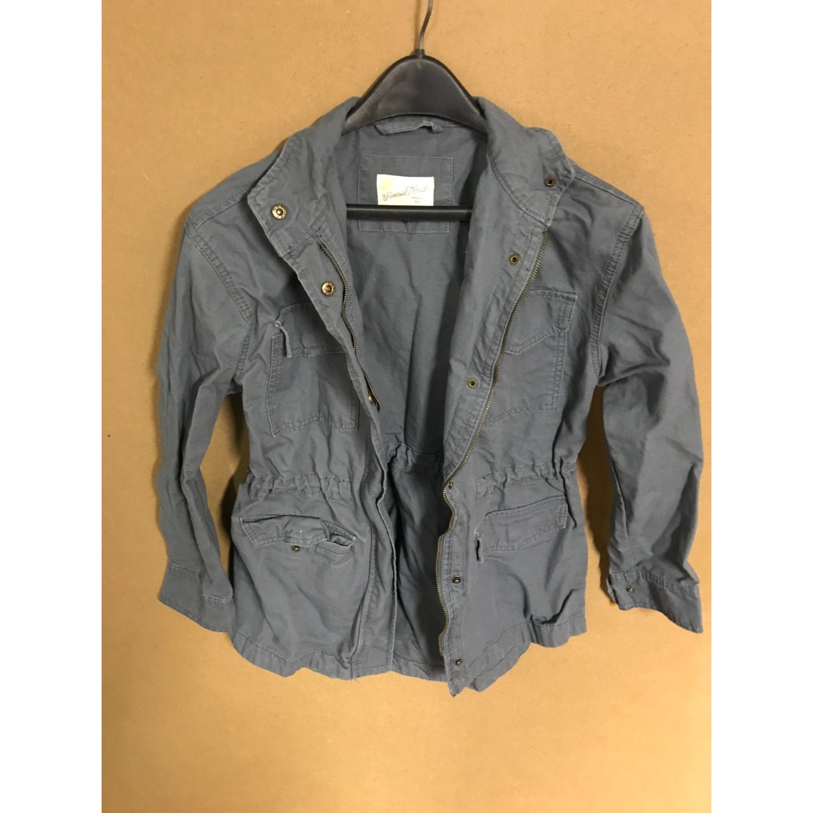 Universal Thread Light Utility Jacket with Hood Blue/Grey 100% Cotton Women's XS front of jacket on hanger