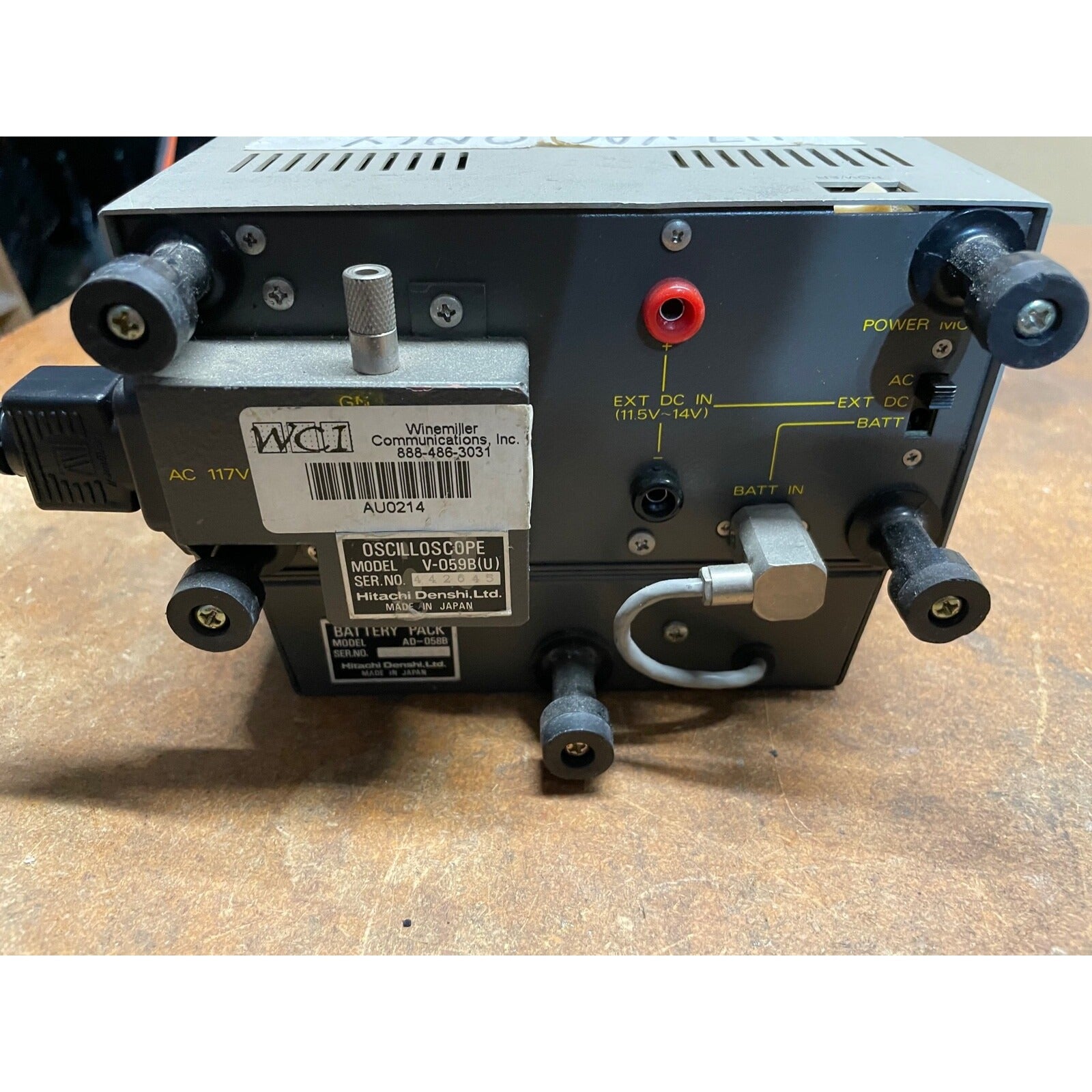 Hitachi Oscilloscope V-059B bottom view labels, power, legs