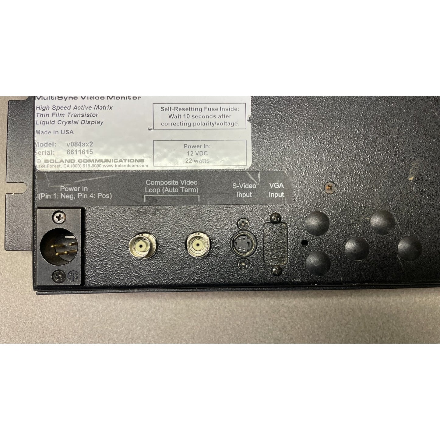 Boland ViewPort 8.4" Multi Sync Video Monitor Model v084ax2 closeup of left side of back panel connections