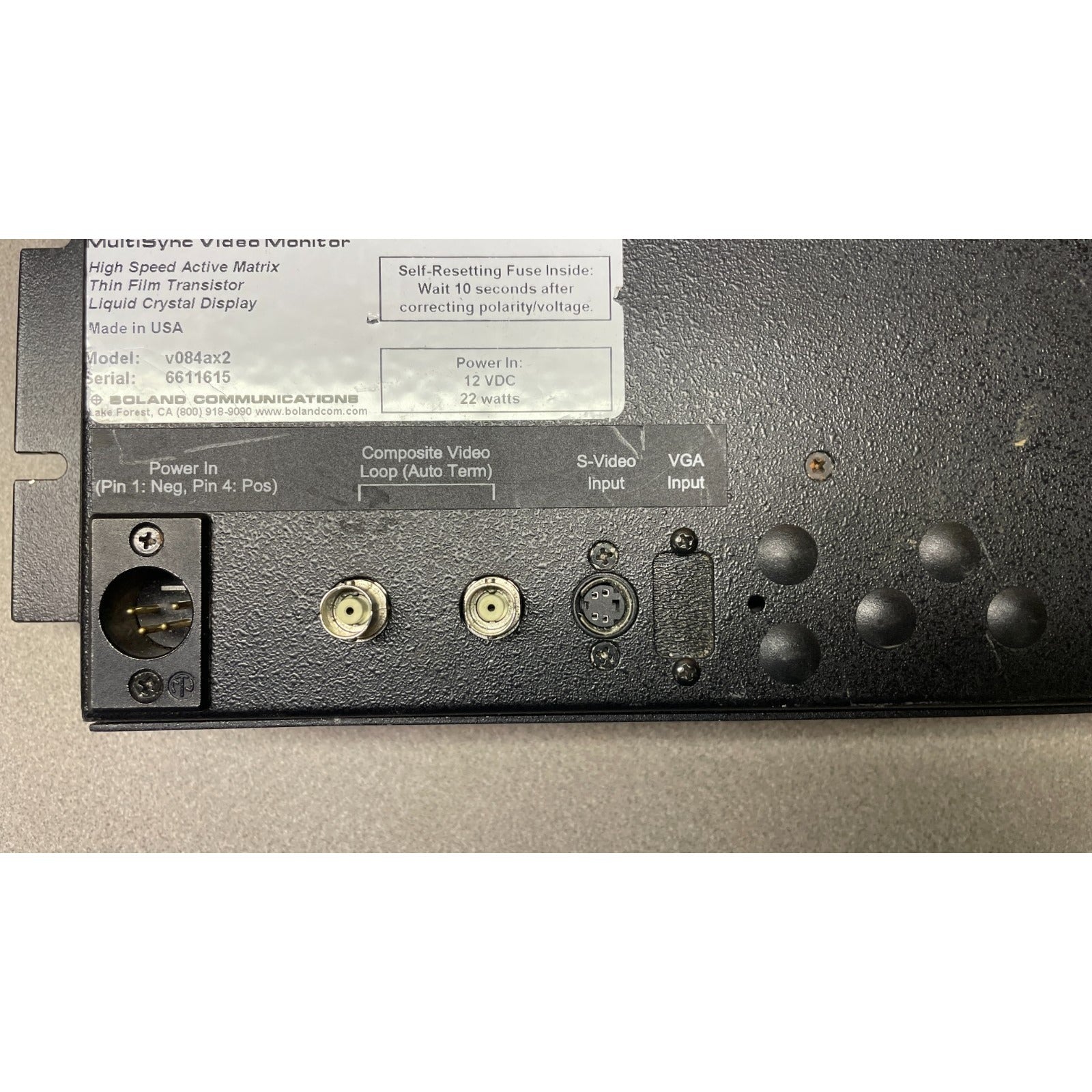 Boland ViewPort 8.4" Multi Sync Video Monitor Model v084ax2 closeup of left side of back panel connections