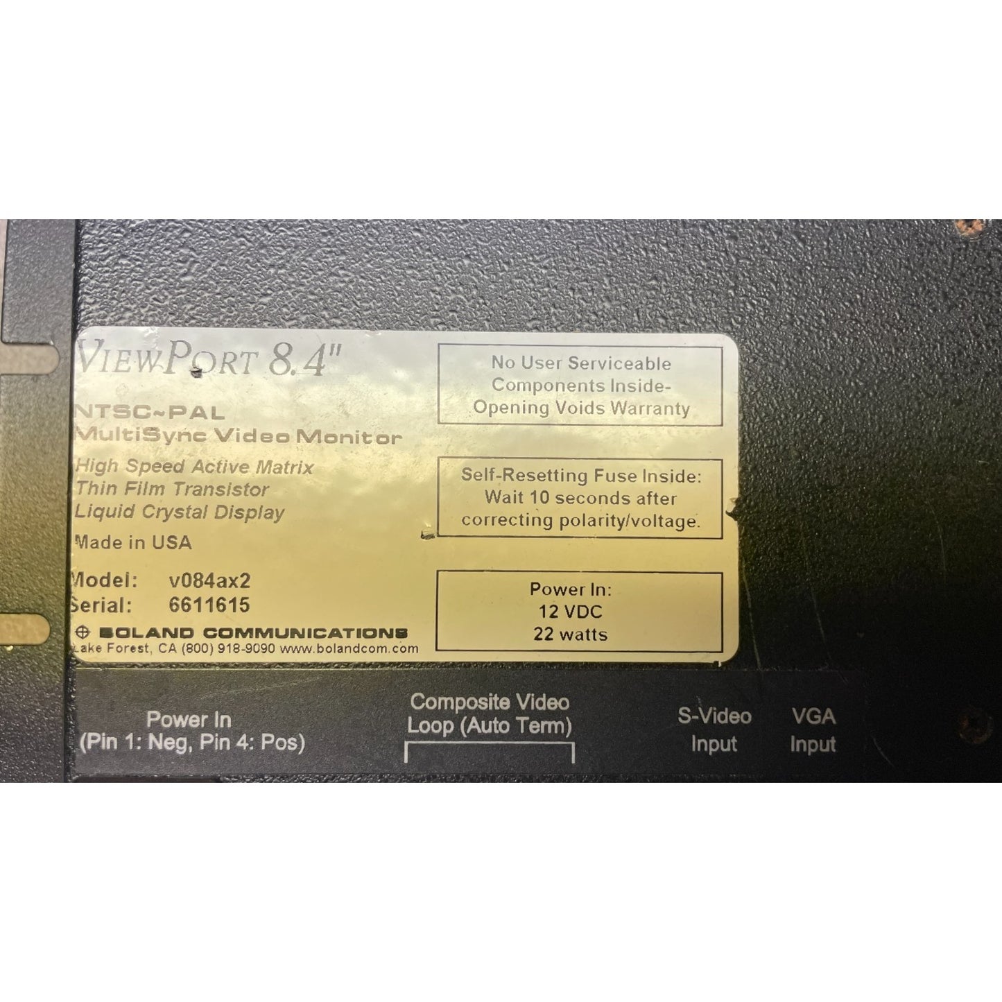 Boland ViewPort 8.4" Multi Sync Video Monitor Model v084ax2 closeup of product label