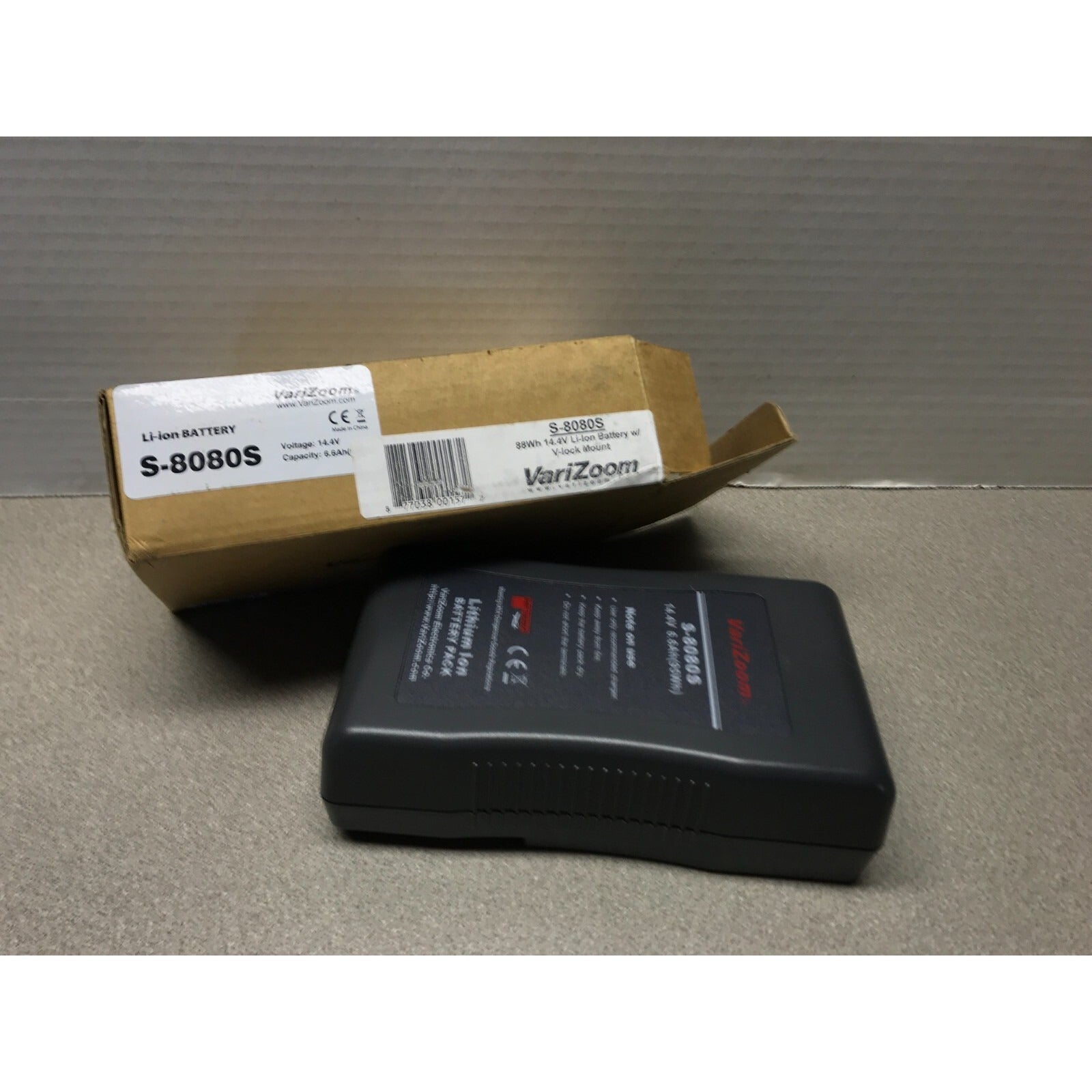 VariZoom S-8080S Lithium Ion Battery Pack top view with box