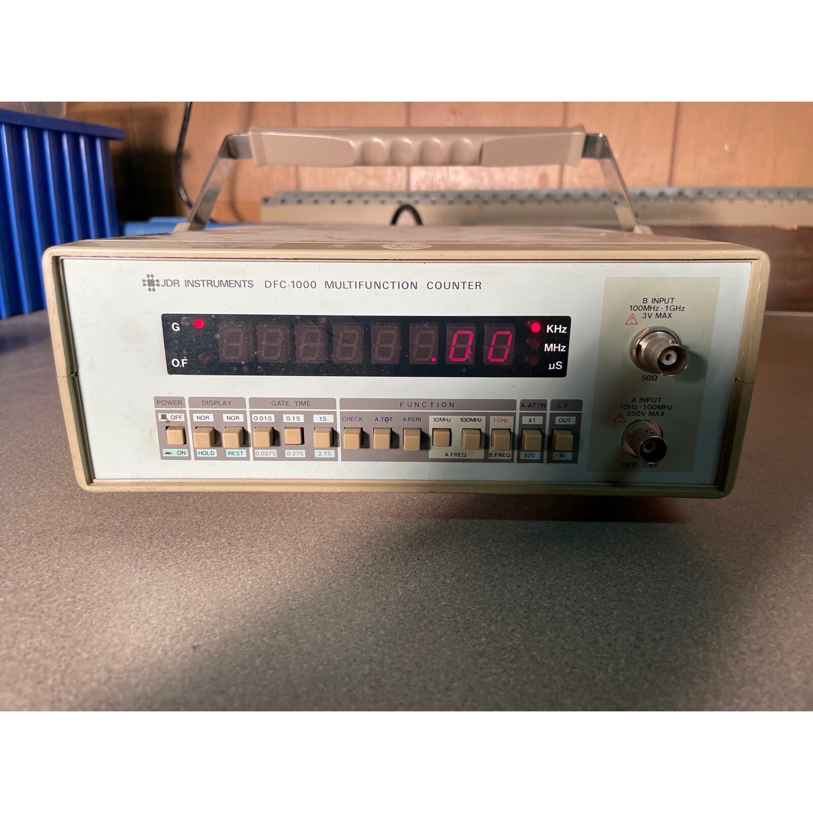 JDR Instruments DFC-1000 Multifunction Counter front panel with display on 
