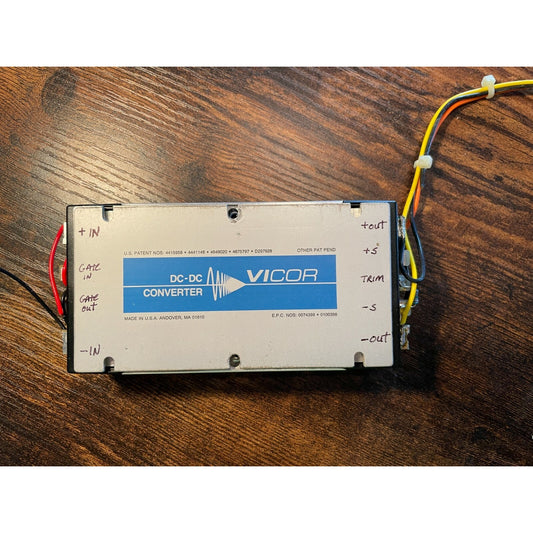 Vicor VI-L23-CY DC:DC Converter, 36.0V in, -22V Out top of unit view with wires and product information