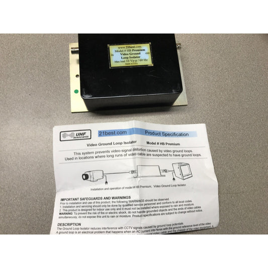 Video Ground Loop Isolator Model Hum Bucker (HB) Premium 21best.com top of unit and instructions