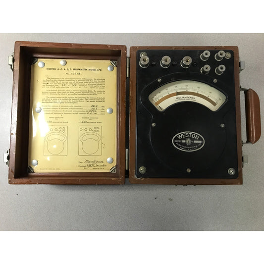 Vintage 1953 Weston A.C. & D.C. Milliameter Model 370 open case with device and instructions visible