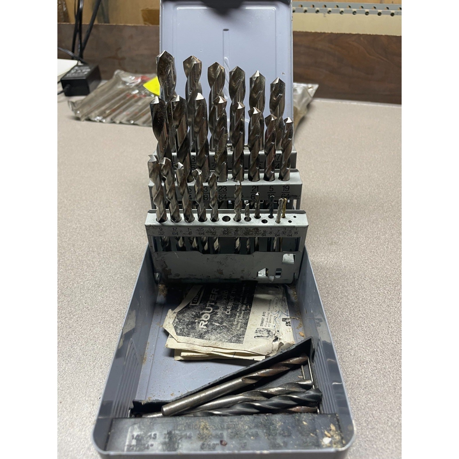 Vintage 1/16" - 1/2" Drill Bit Set in Metal Box, Not Complete drills in case extra drill bits at bottom of case some small drill bits missing