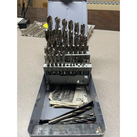 Vintage 1/16" - 1/2" Drill Bit Set in Metal Box, Not Complete drills in case extra drill bits at bottom of case some small drill bits missing