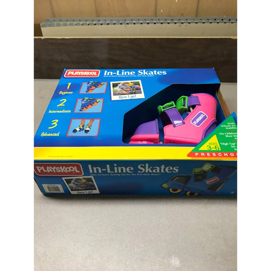 Vintage Playskool Adjustable In-Line Skates, Pink and Purple front of box displaying skate boot