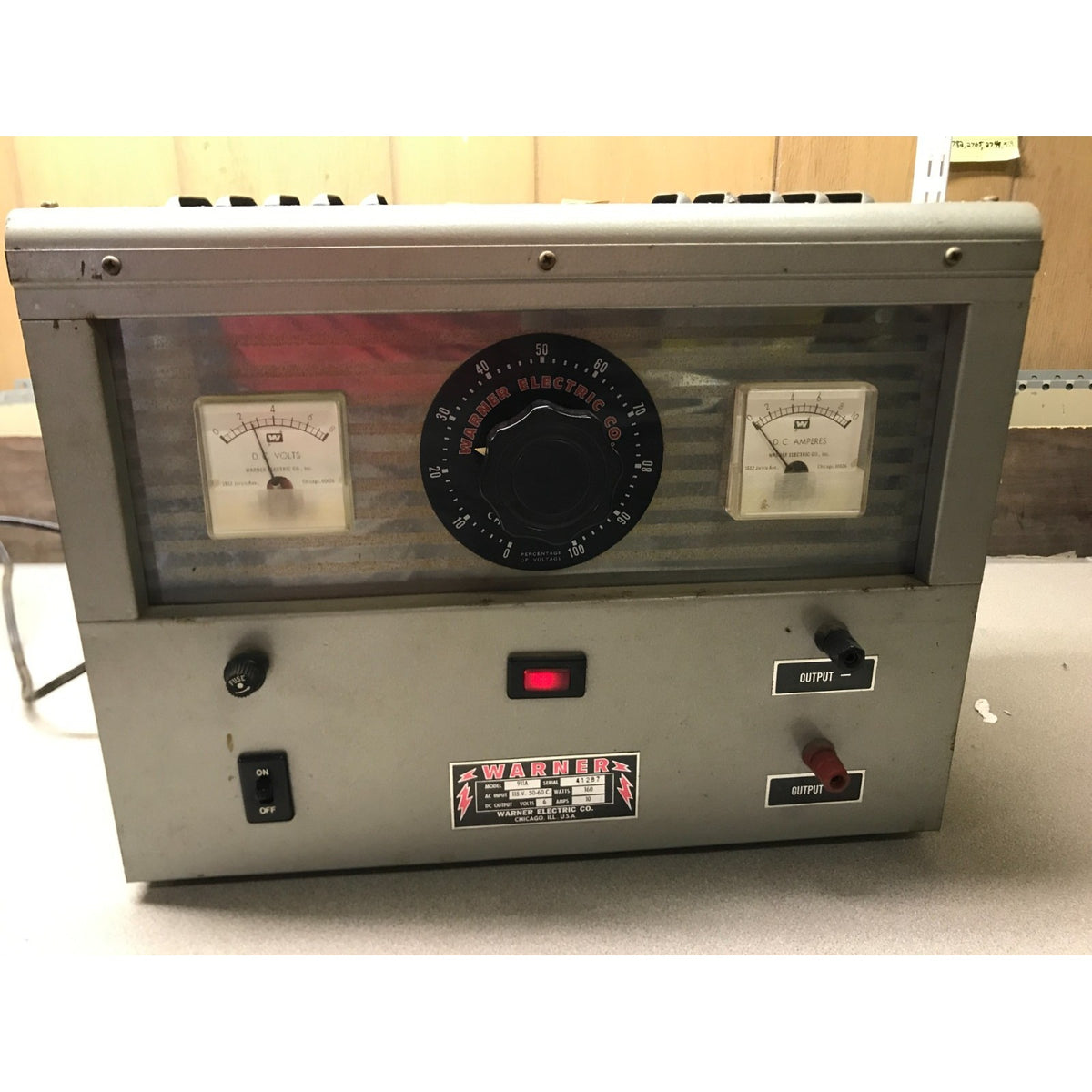 Vintage Warner Electric Co. 911A 10 Amp Electroplating Power Unit front panel view powered on