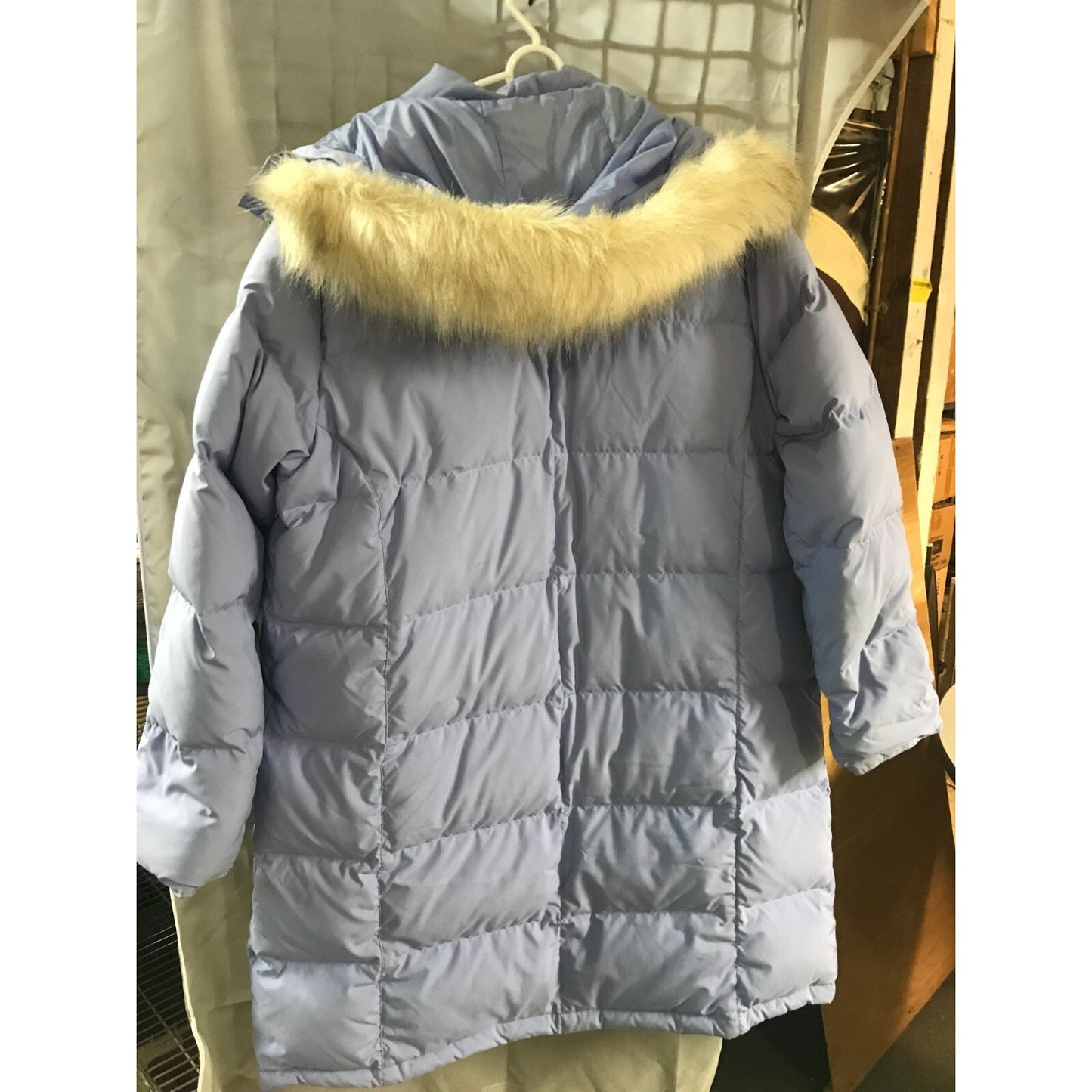 LL Bean Jacket Goose Down Ultra Warm Long Hooded Women’s Large with removable hood. back view