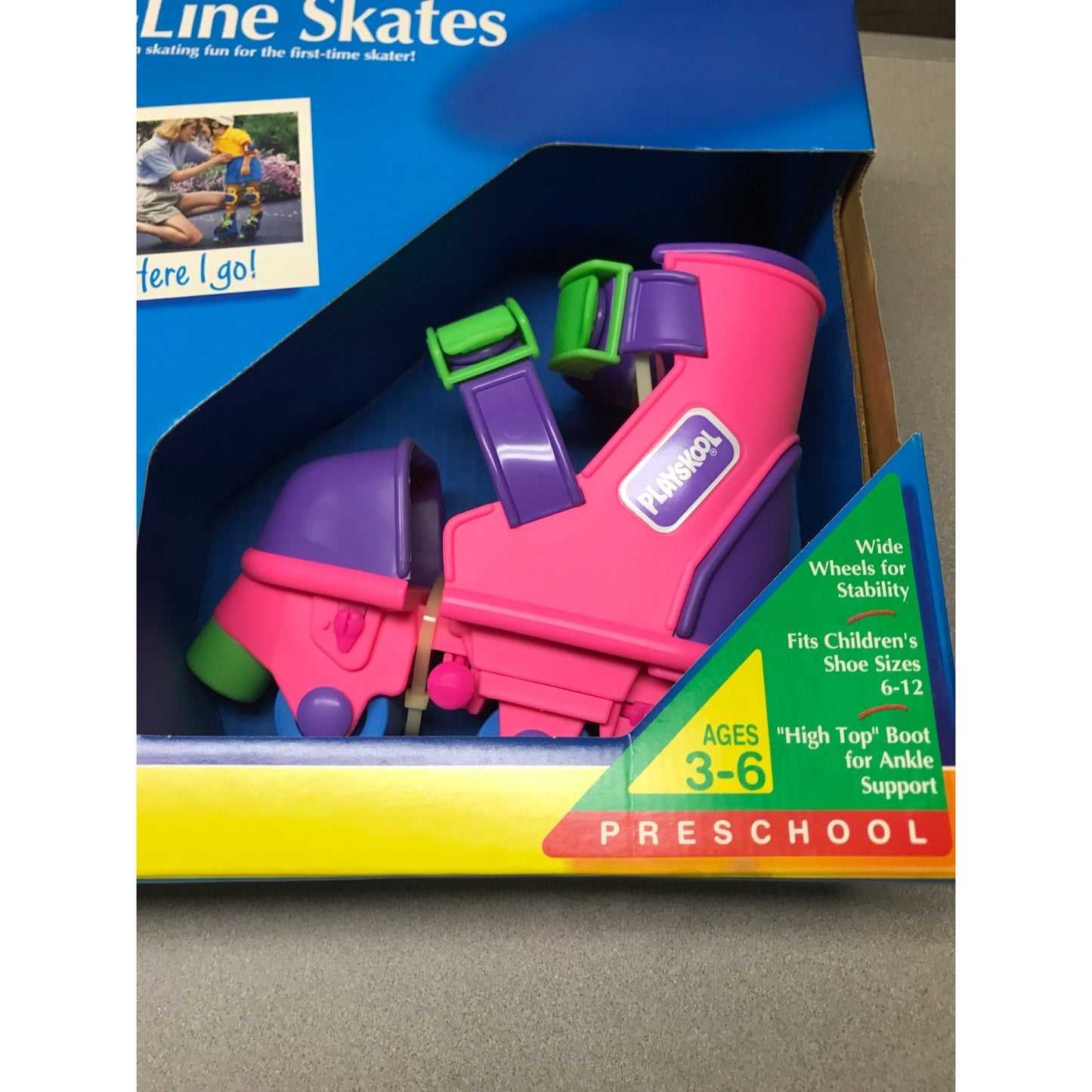 Vintage Playskool Adjustable In-Line Skates, Pink and Purple closeup of skate in box