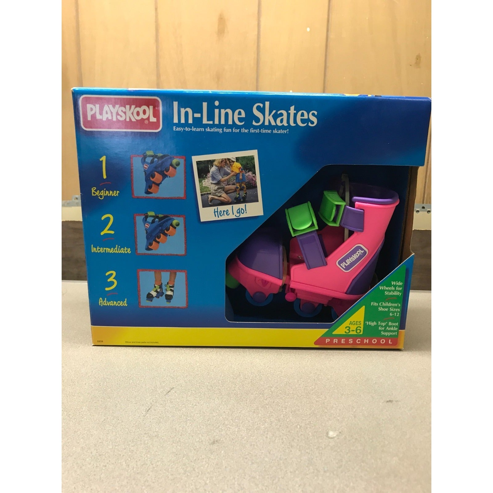 Vintage Playskool Adjustable In-Line Skates, Pink and Purple front of box displaying skate