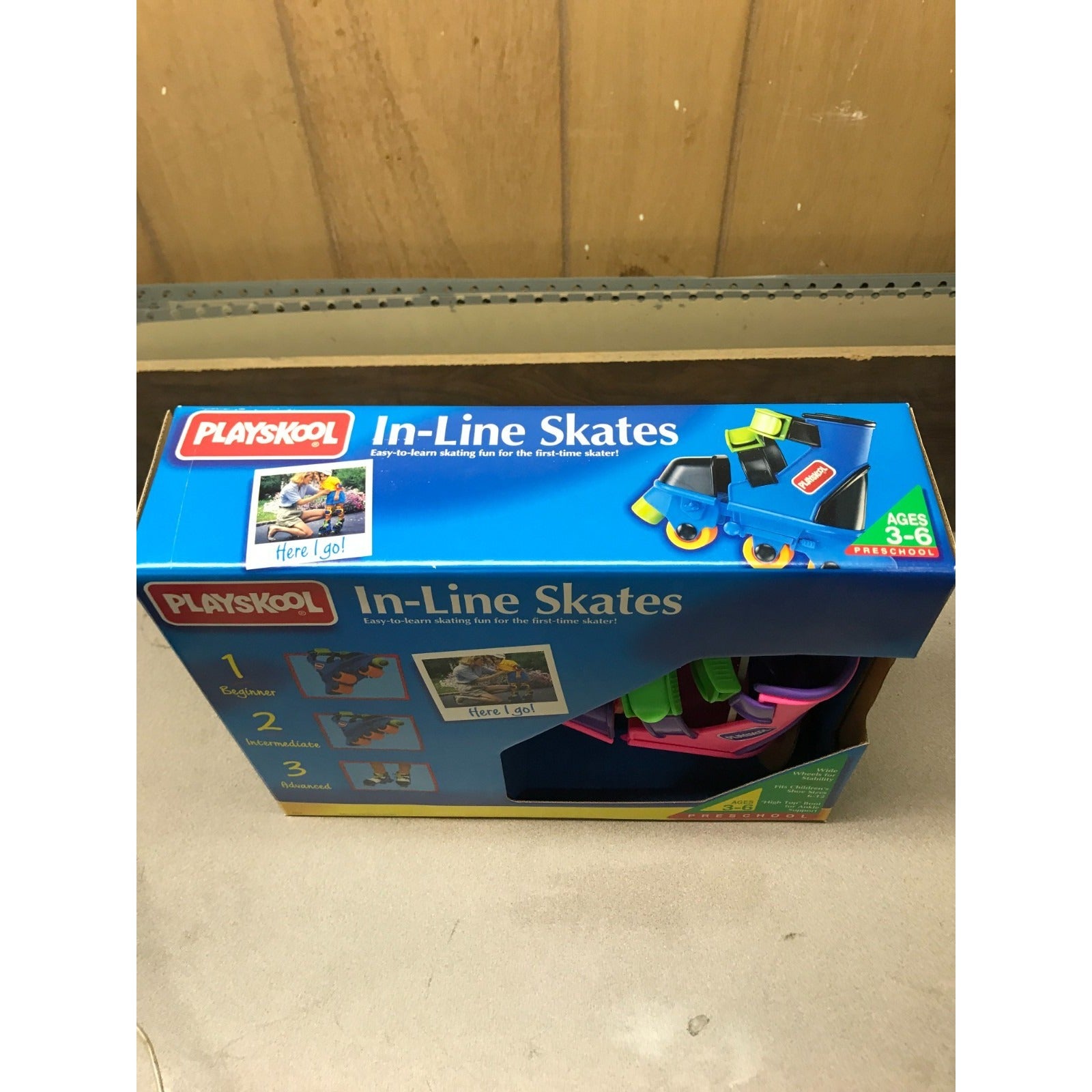 Vintage Playskool Adjustable In-Line Skates, Pink and Purple top of box item information