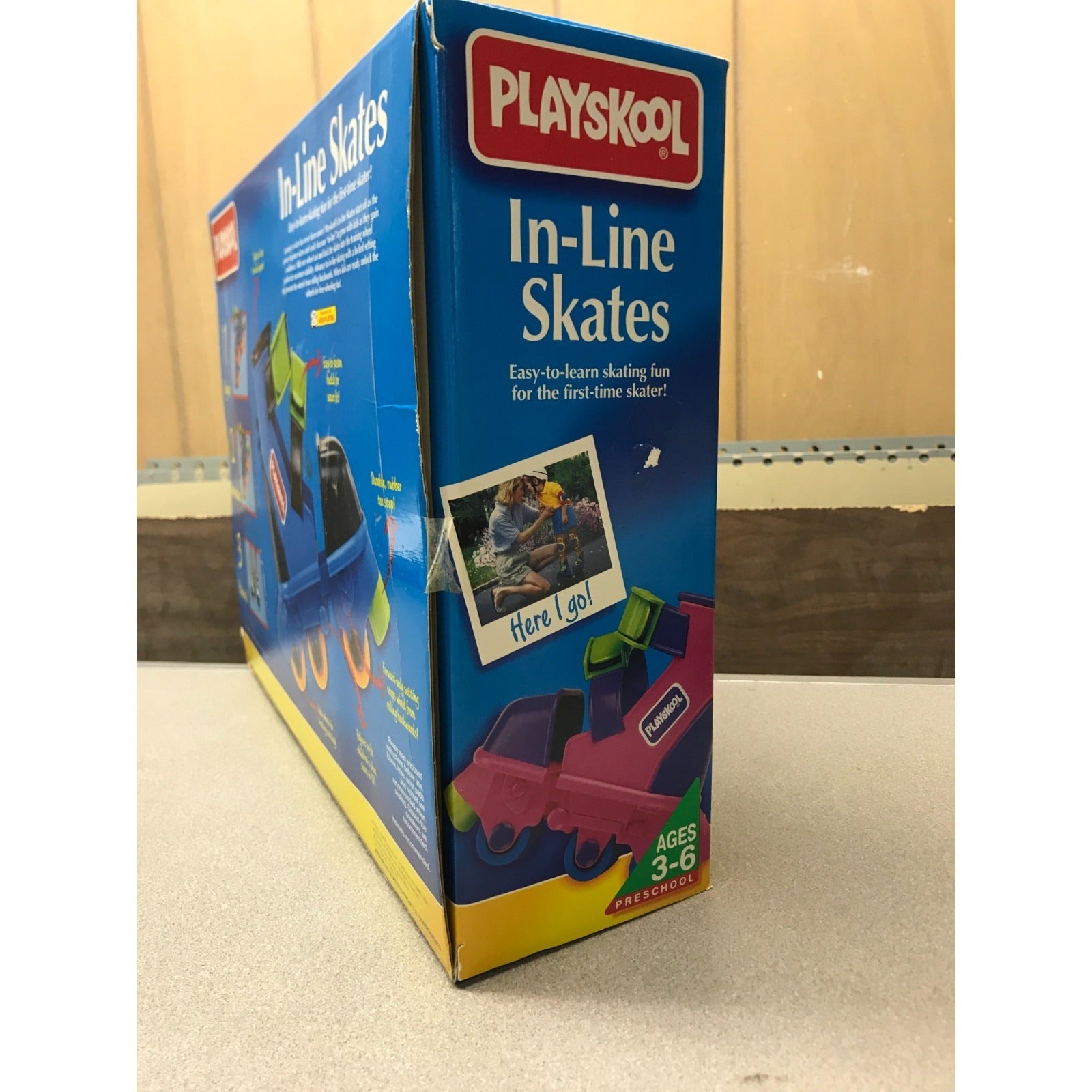 Vintage Playskool Adjustable In-Line Skates, Pink and Purple side of box
