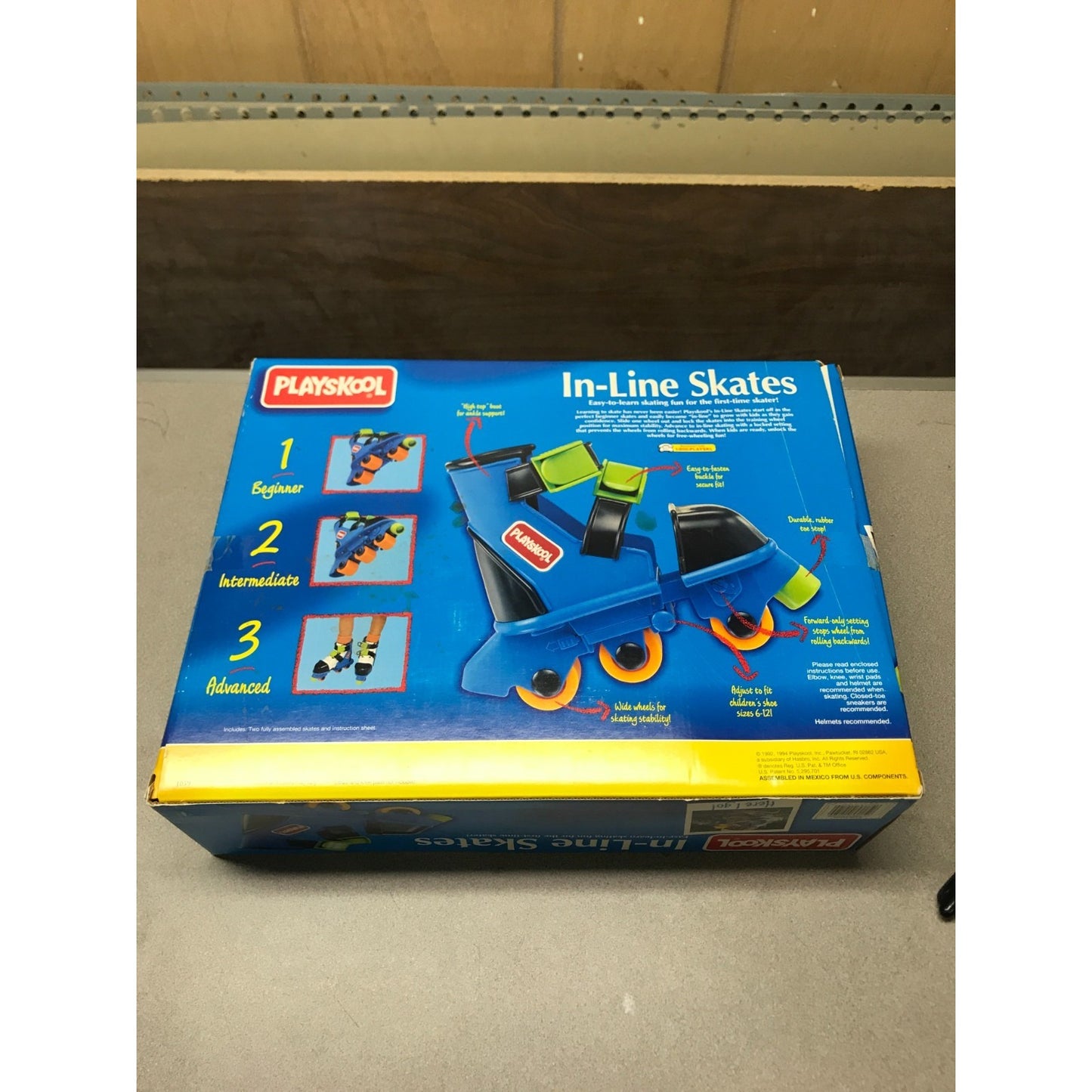 Vintage Playskool Adjustable In-Line Skates, Pink and Purple back of box with item details