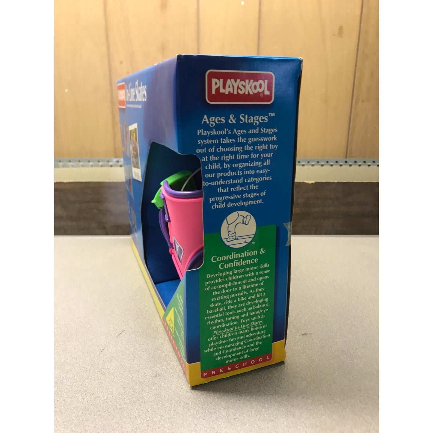 Vintage Playskool Adjustable In-Line Skates, Pink and Purple side of box additional information for parents