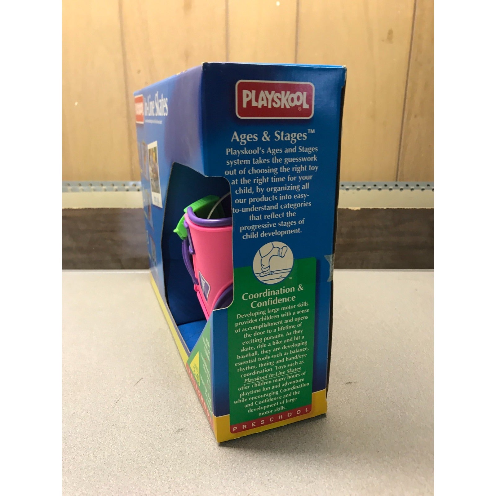 Vintage Playskool Adjustable In-Line Skates, Pink and Purple side of box additional information for parents