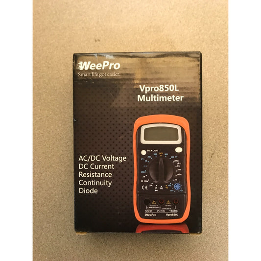 WeePro Vpro850L Multimeter AC/DC Voltage and Current Reader front of box with image of multimeter