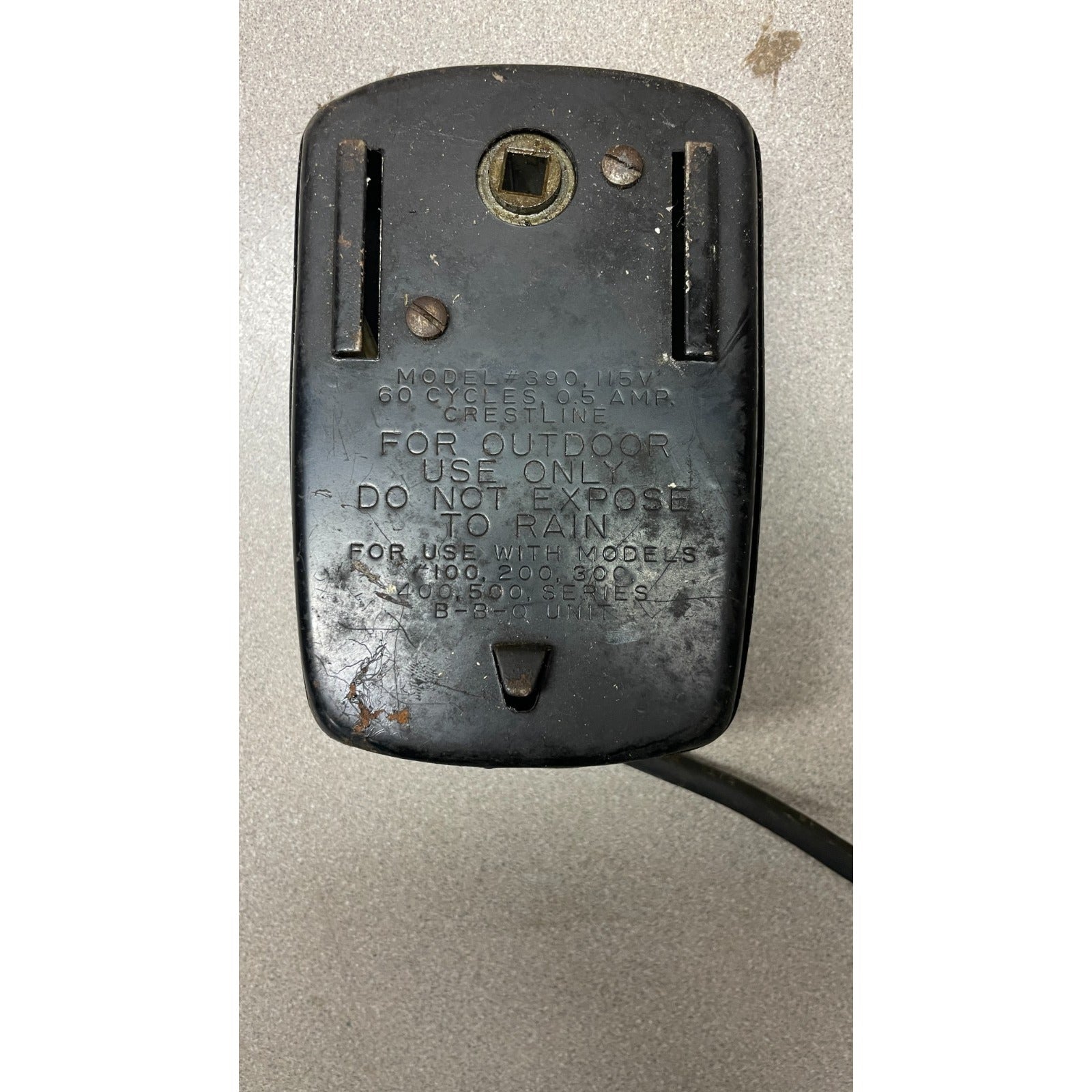 Crestline Model #390 BBQ Barbecue Grill Rotisserie Motor closeup of back of unit product cautions and details indicated