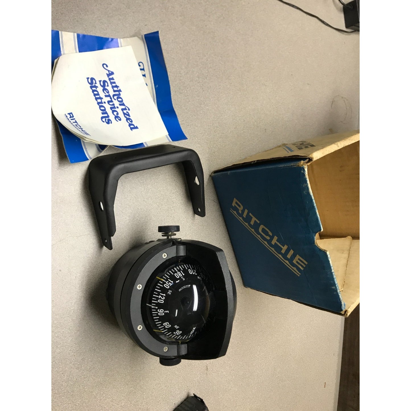 Ritchie Magnetic Marine/Boat Compass Model HB-71 with Bracket Mount view of all parts and documentation