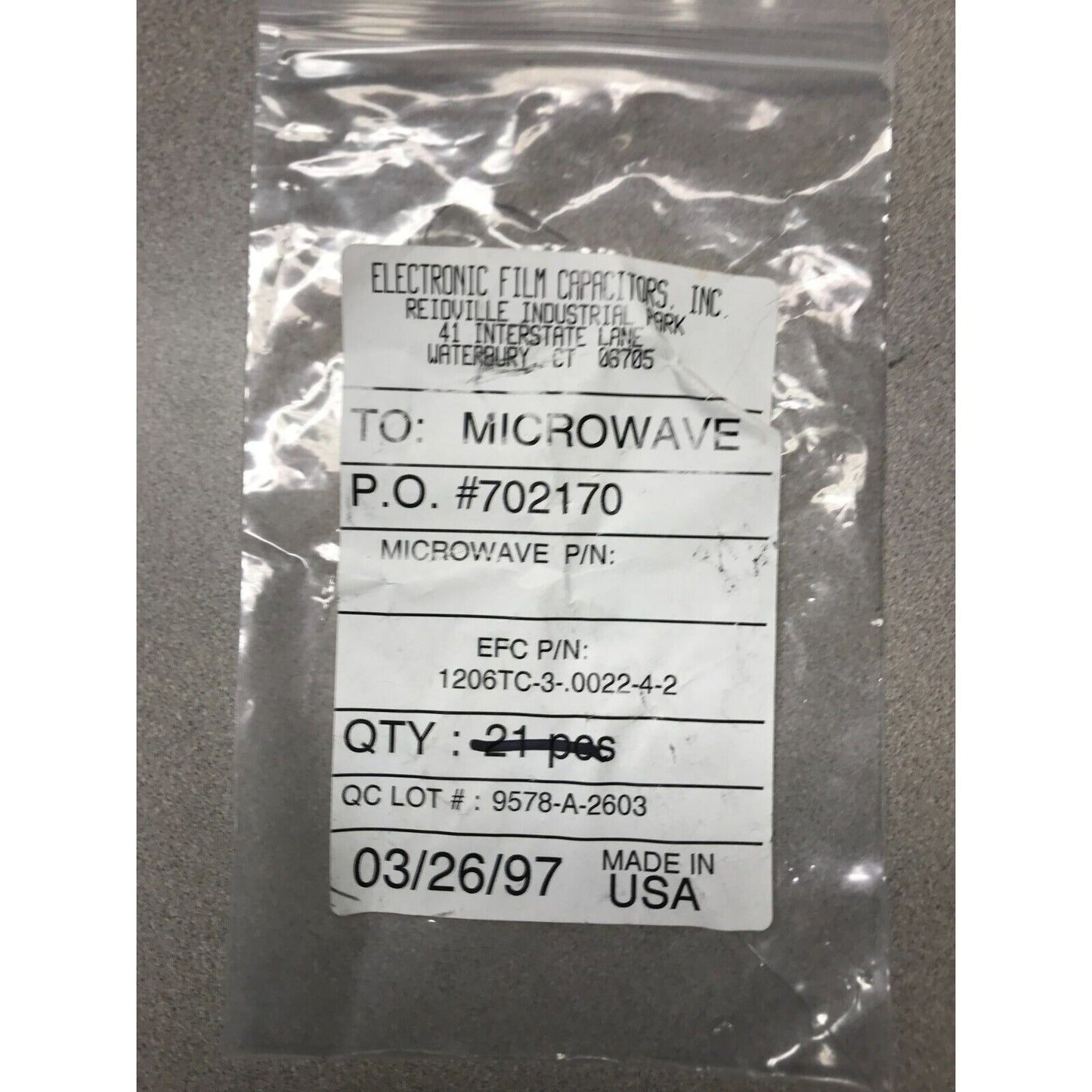 Electronic Film Capacitors 1206TC .0022G 400V 9713 (EFC P/N= 1206TC-3-.0022-4-2)