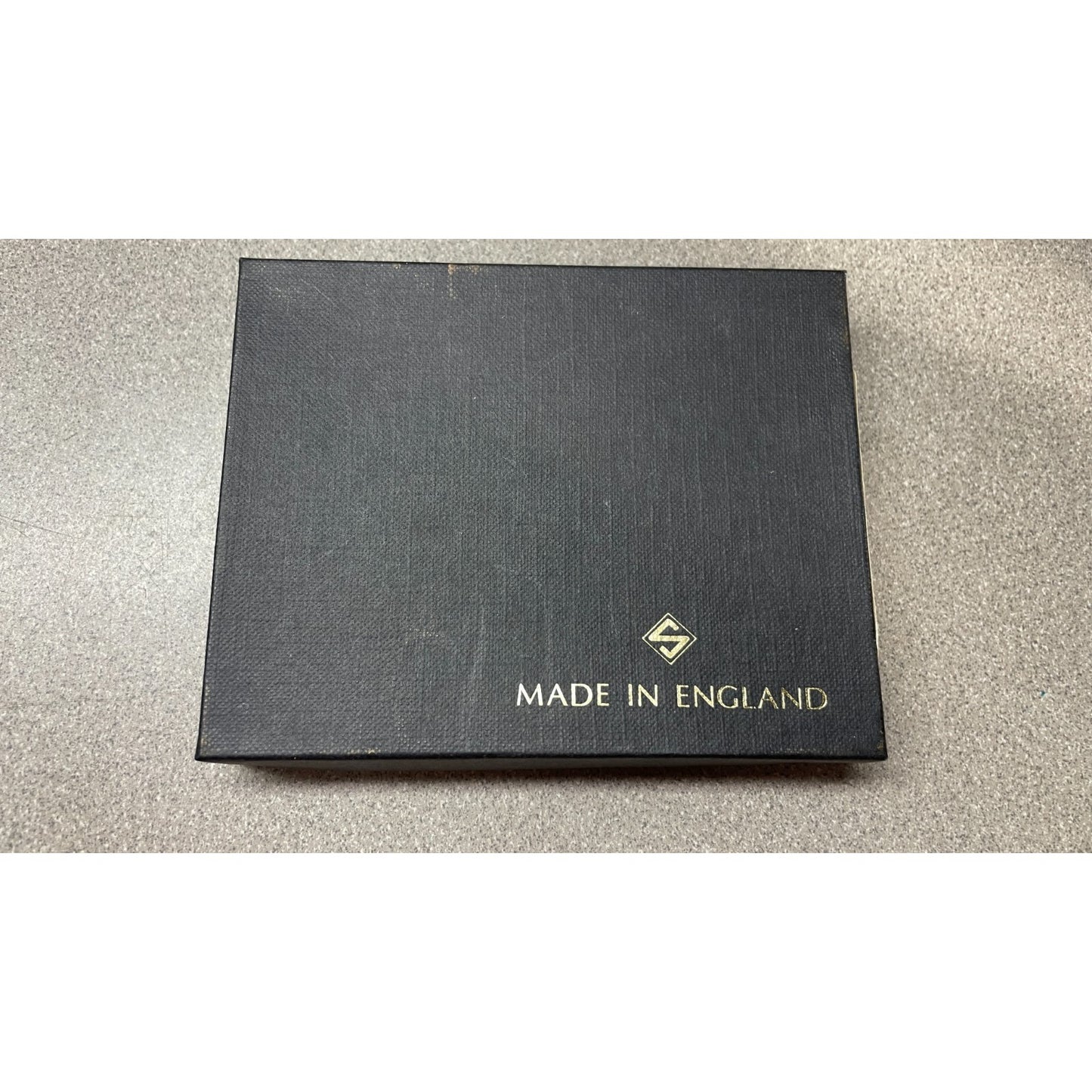 Stanley of England Black Dover Calf Leather Wallet front of box with made in England stamp and logo