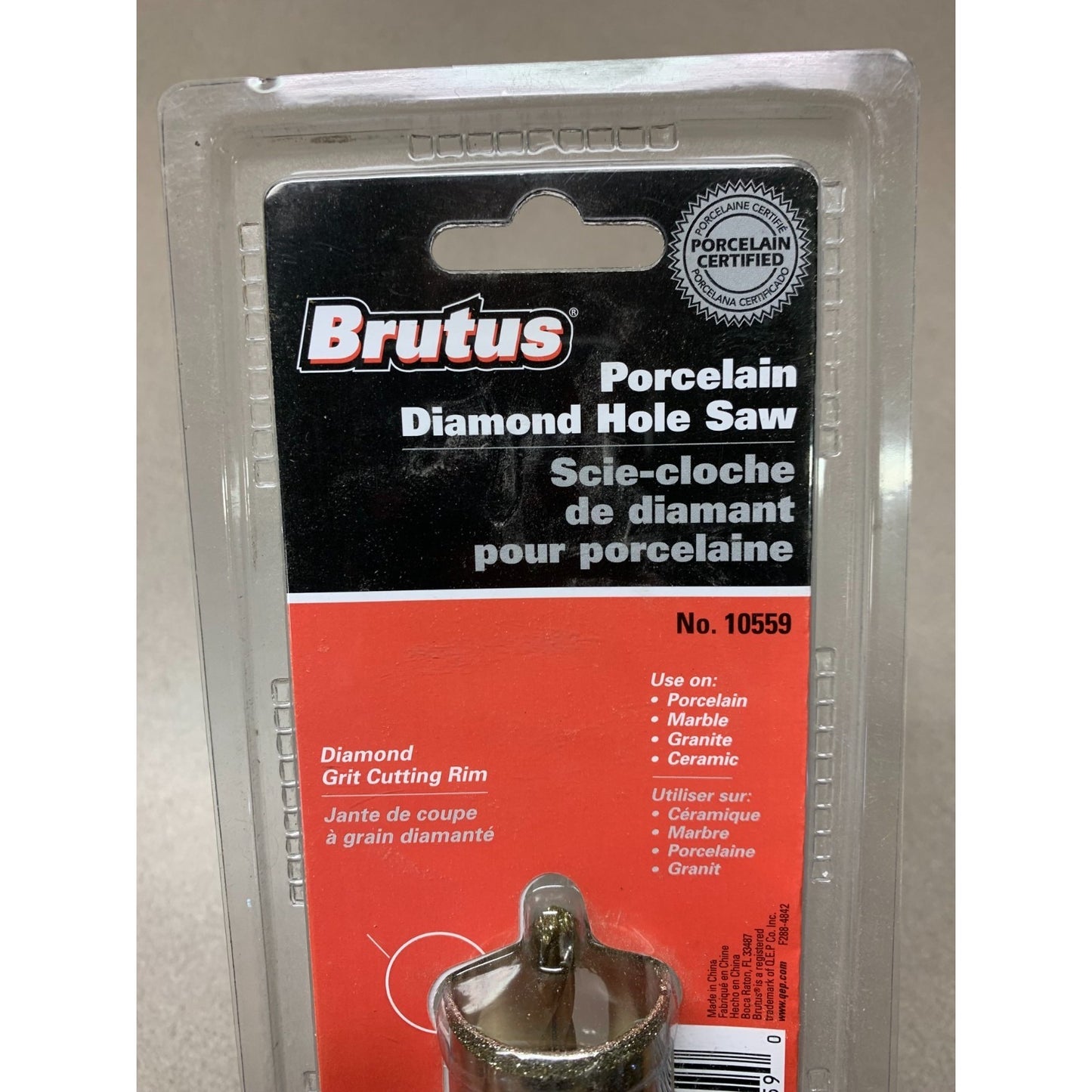 Porcelain Diamond Hole Saw 1-3/8"/35mm Brutus closeup of front of package product description