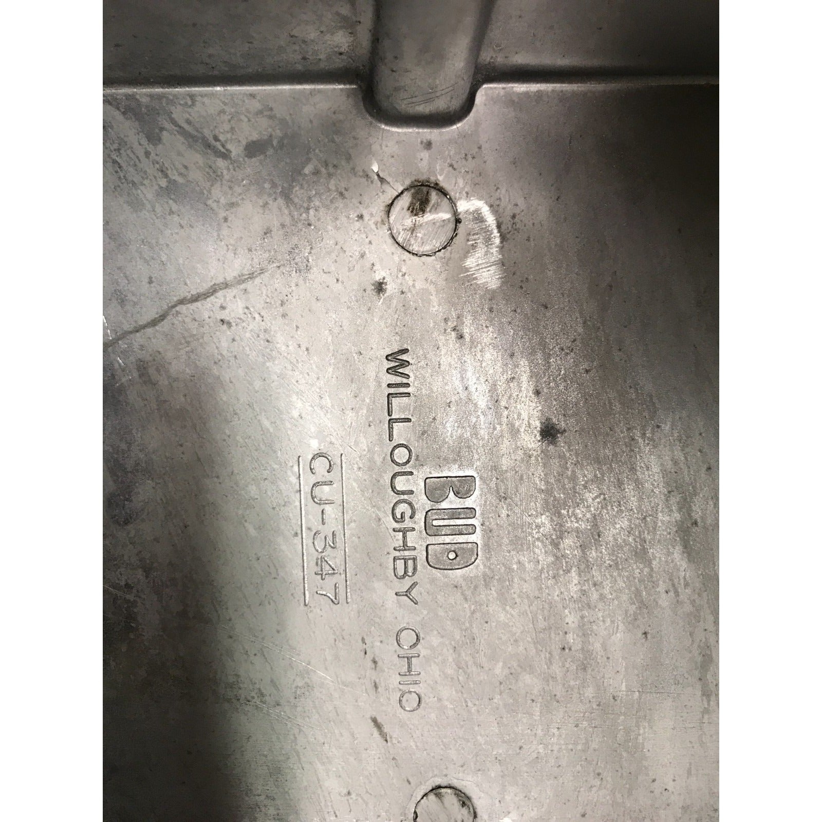 Vintage BUD Radio Inc. Econobox CU-347 Aluminum Enclosures closeup of manufacturer logo and part number