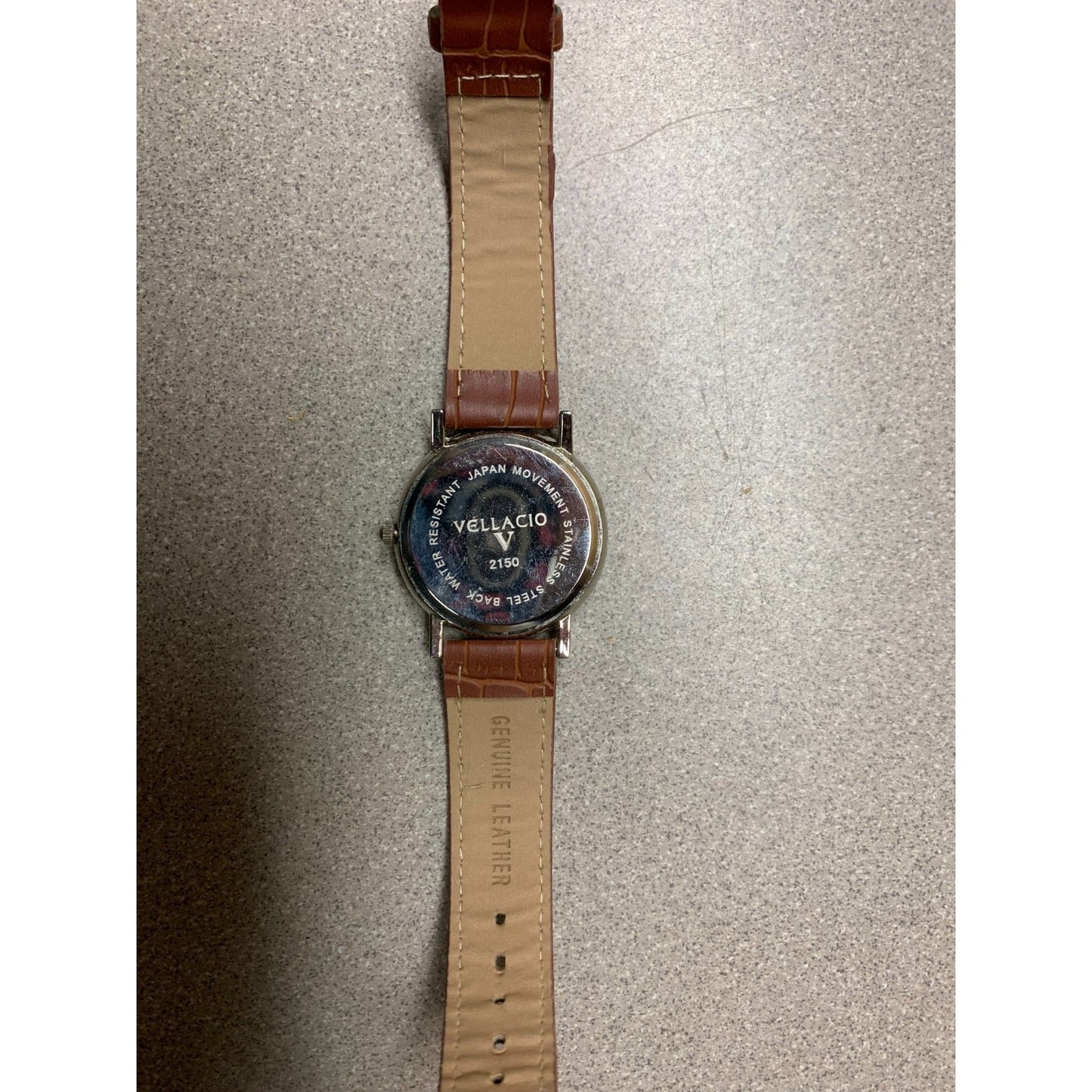 Vellacio Men's Watch 2150 Quartz Water Resistant on Genuine Leather Band back view of watch and band