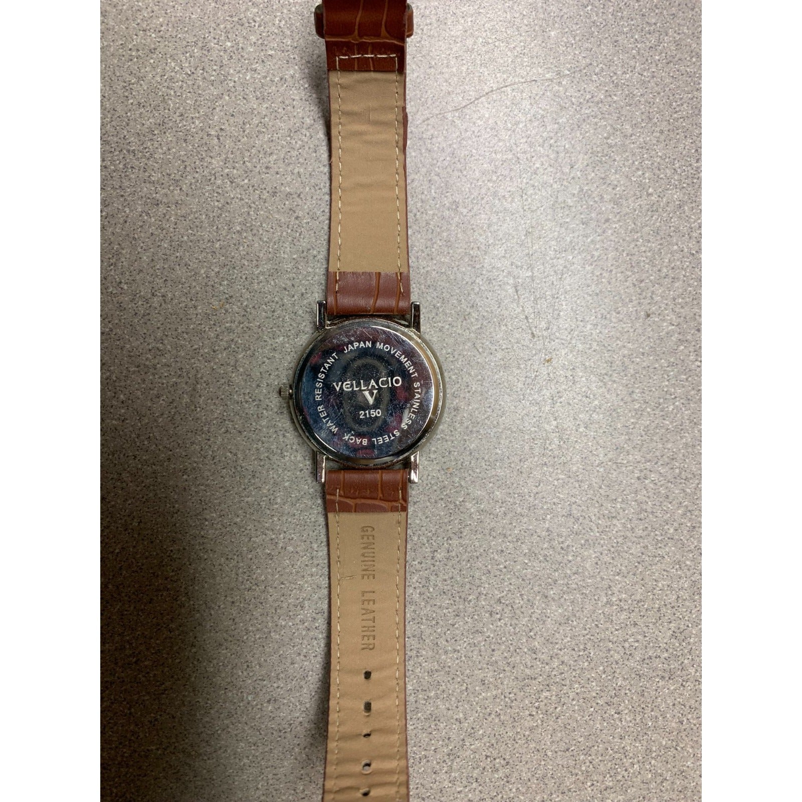Vellacio Men's Watch 2150 Quartz Water Resistant on Genuine Leather Band back view of watch and band
