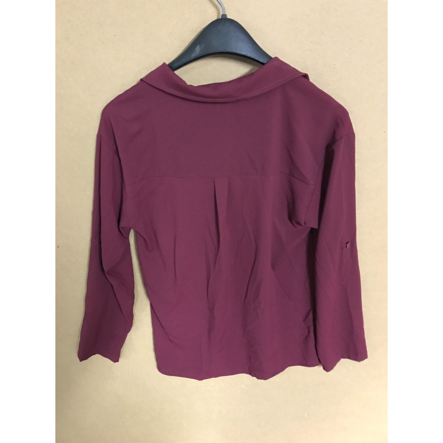 Lotusmile Women's Dressy Lapel Button Down Shirt Chiffon Blouse Top Magenta back of blouse on hanger
