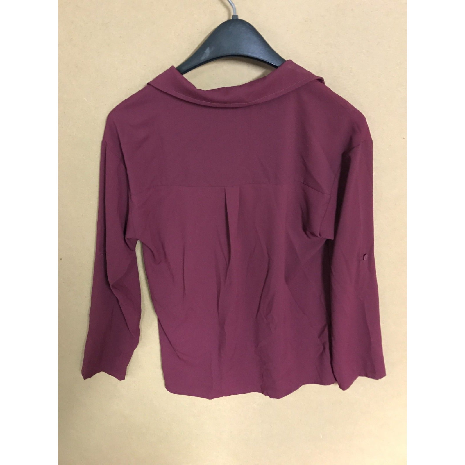 Lotusmile Women's Dressy Lapel Button Down Shirt Chiffon Blouse Top Magenta back of blouse on hanger