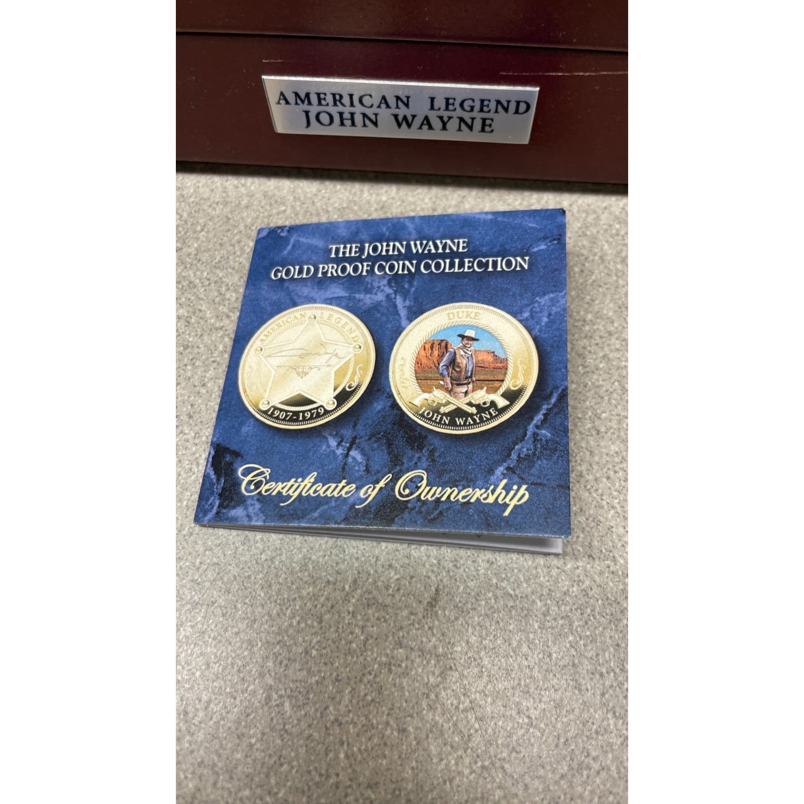 Bradford Exchange John Wayne Commemorative Coins and Collection Case closeup of certification of ownership