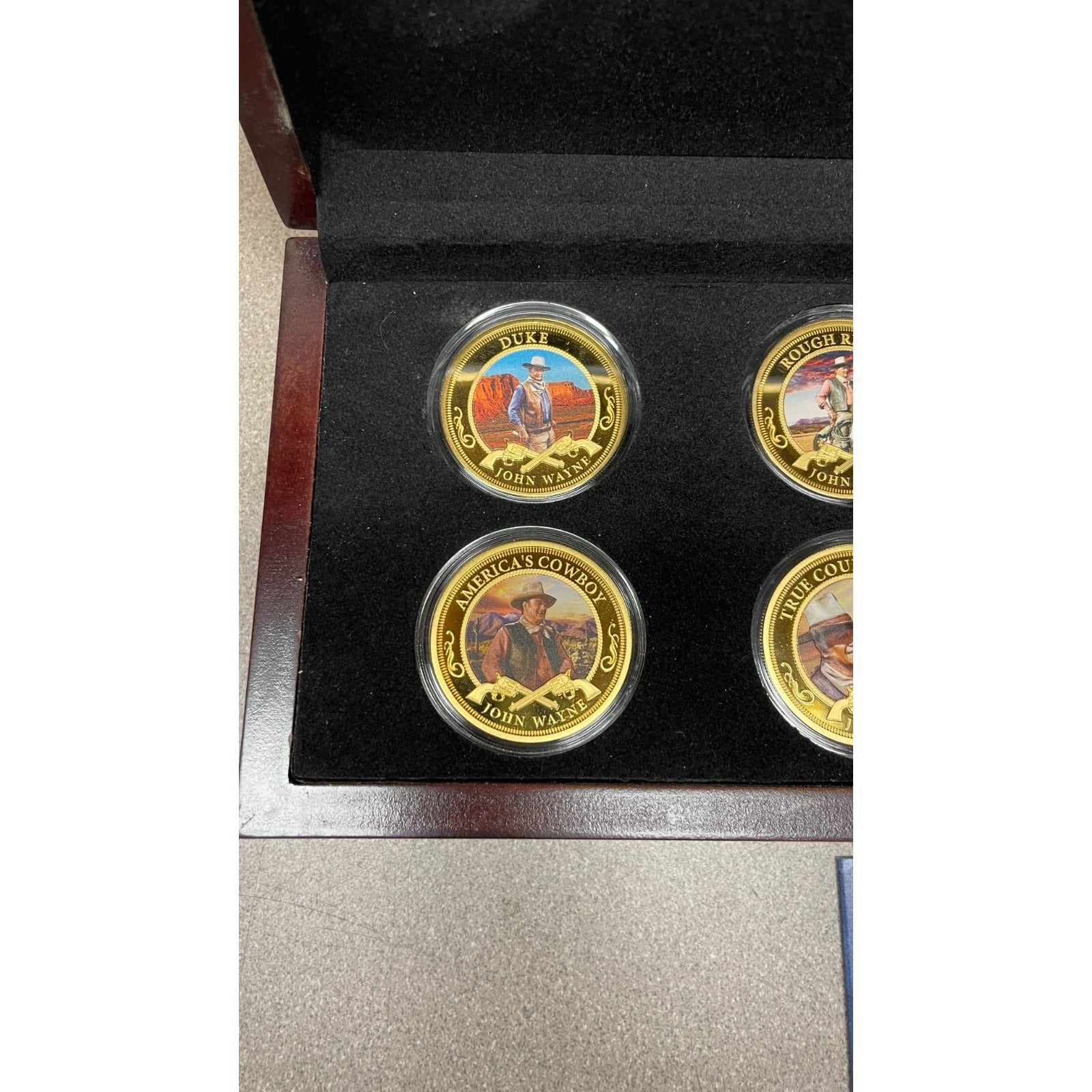 Bradford Exchange John Wayne Commemorative Coins and Collection Case closeup of coins in case Duke and America's cowboy