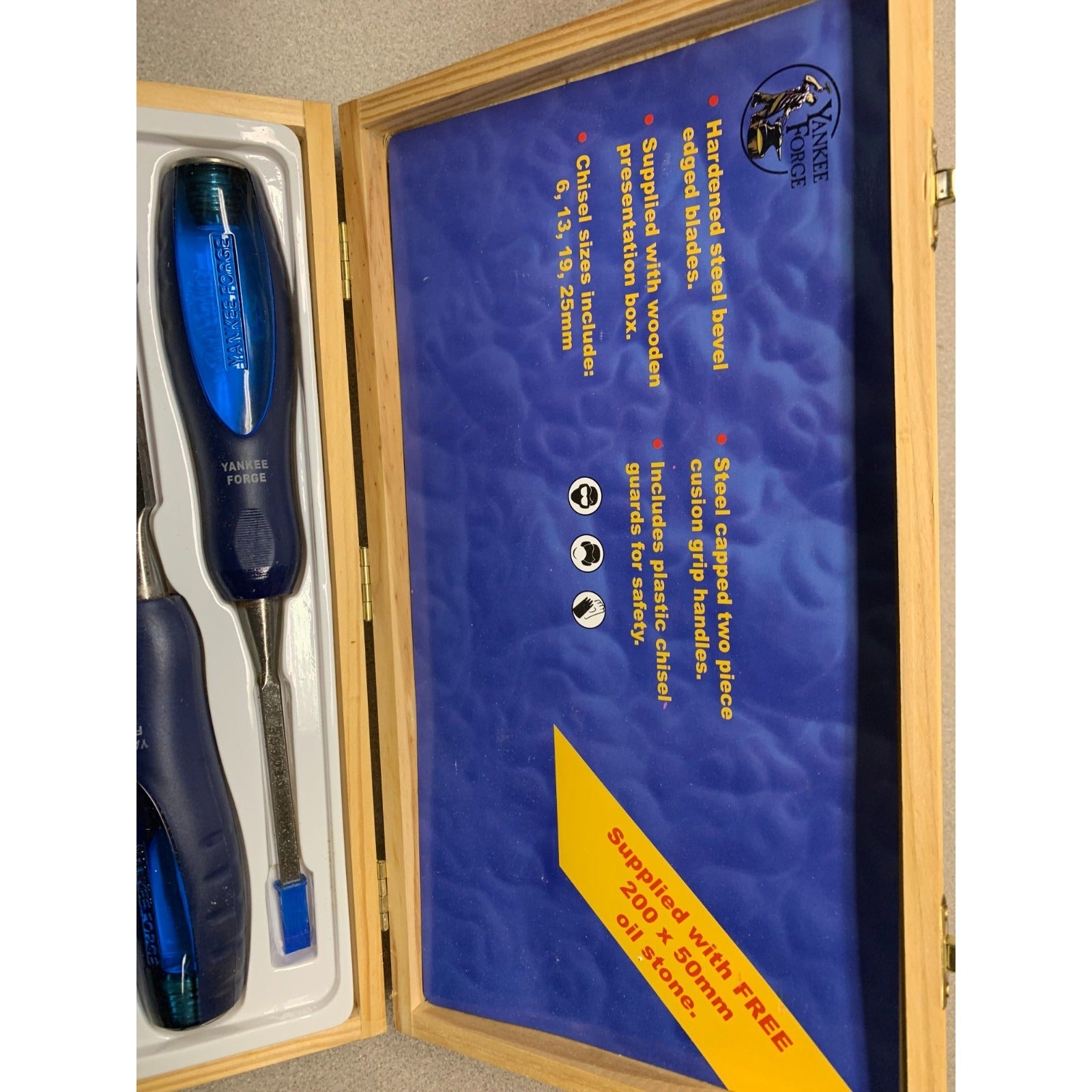 4pc Wood Chisel Set Yankee Forge - Includes sizes 1/4", 1/2", 3/4", 1"
 closeup of inside of box product information