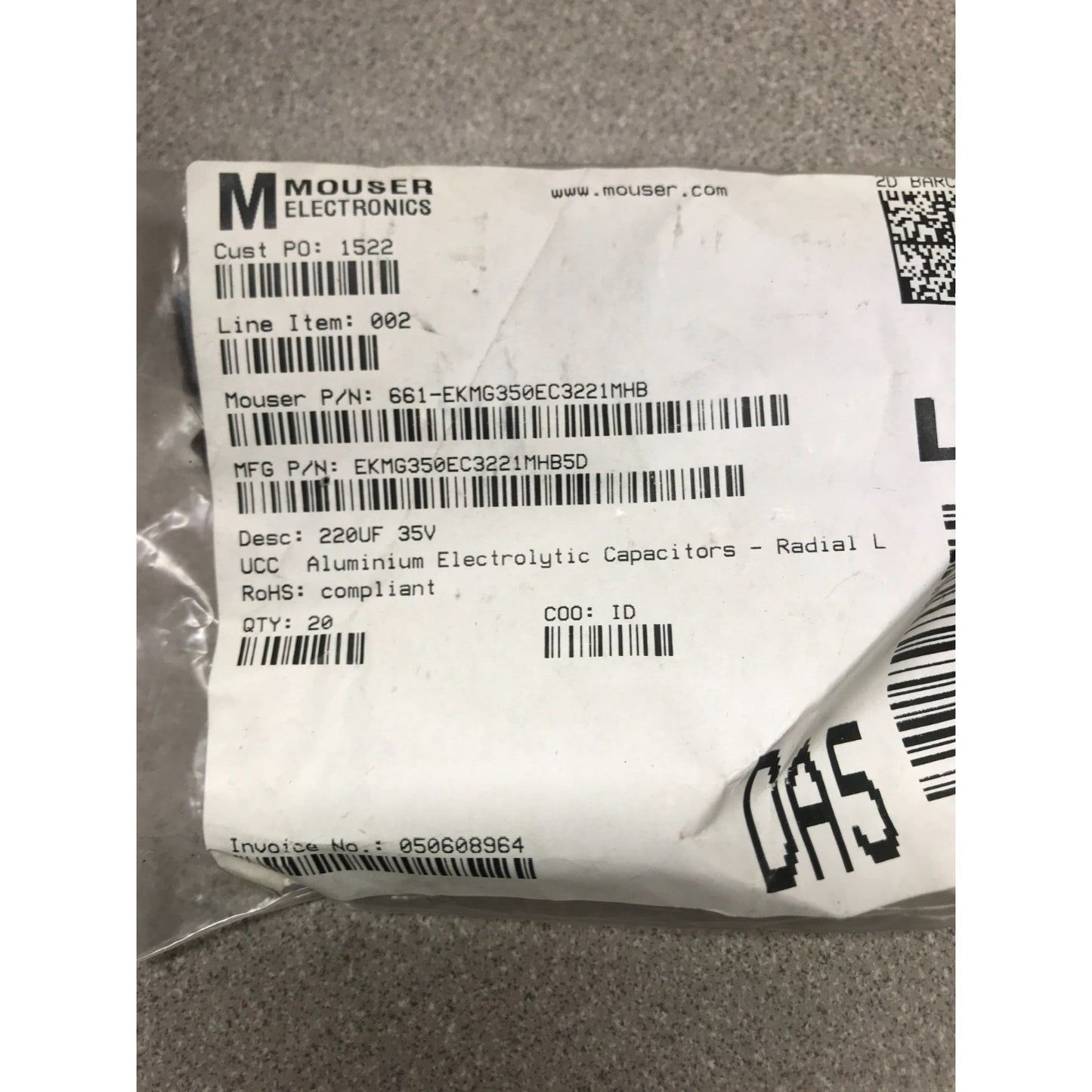 220UF 35V UCC Aluminum Electrolytic Capacitors - Radial Leaded closeup of product label