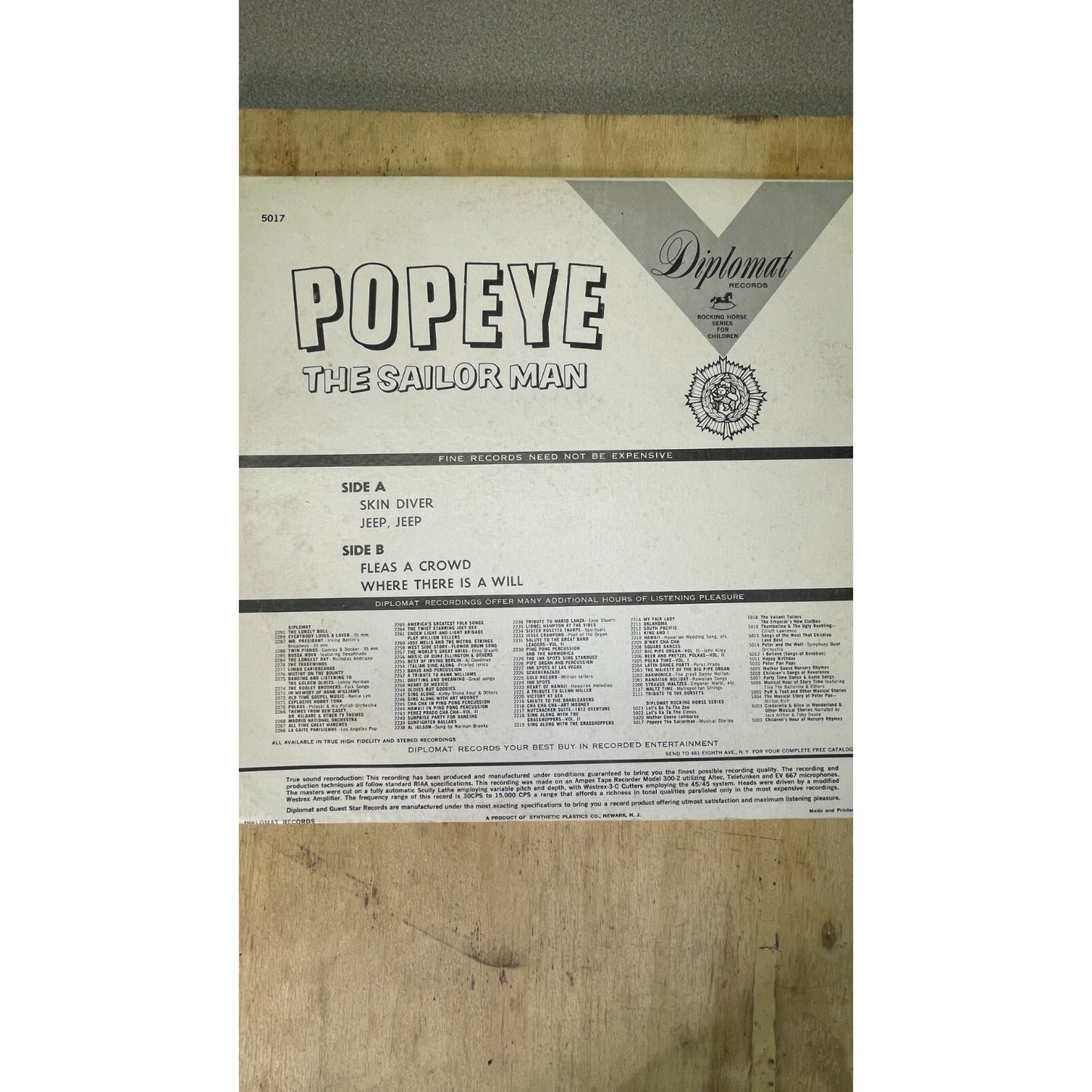 Diplomat Records Popeye the Sailor Man Record 5017 back of record jacket, item details