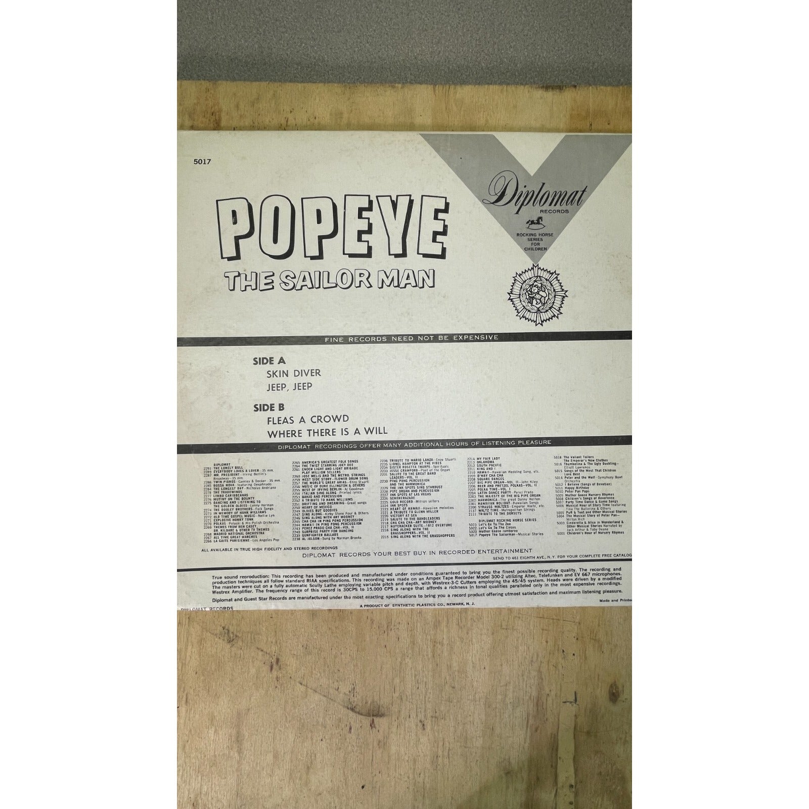 Diplomat Records Popeye the Sailor Man Record 5017 back of record jacket, item details