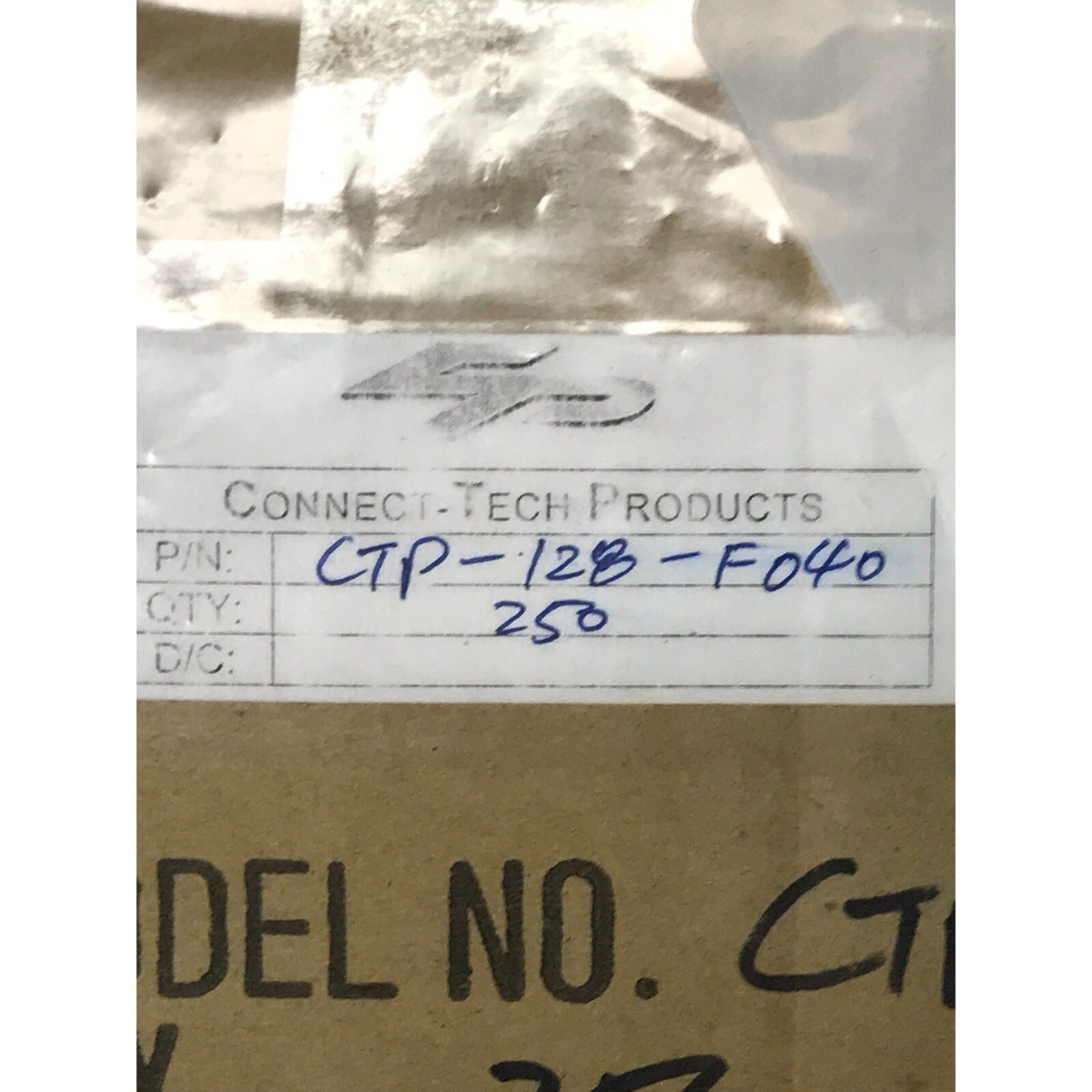 F-Type Male Panel Mount right angle CTP-128-F040 product label with part number 