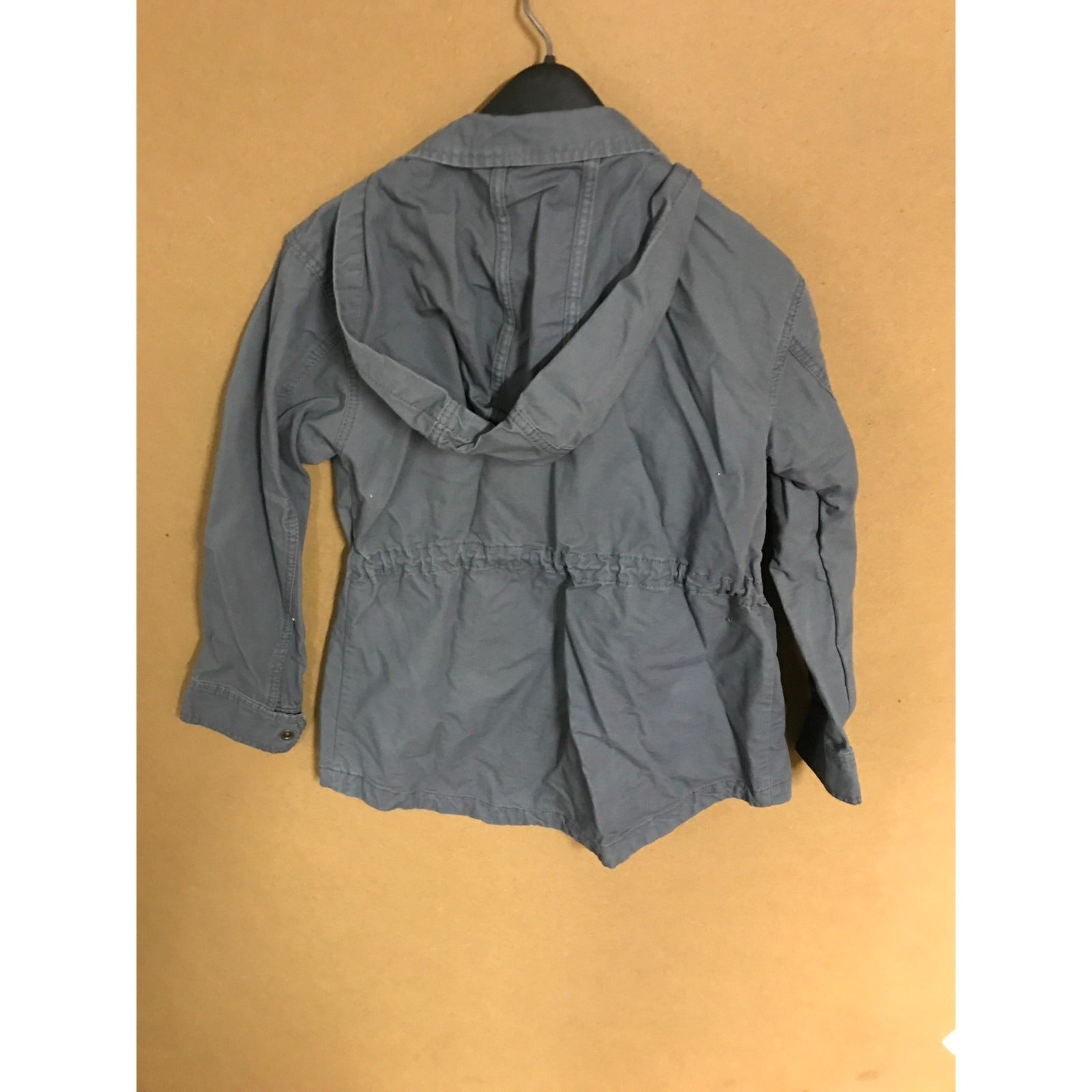 Universal Thread Light Utility Jacket with Hood Blue/Grey 100% Cotton Women's XS back of jacket on hanger