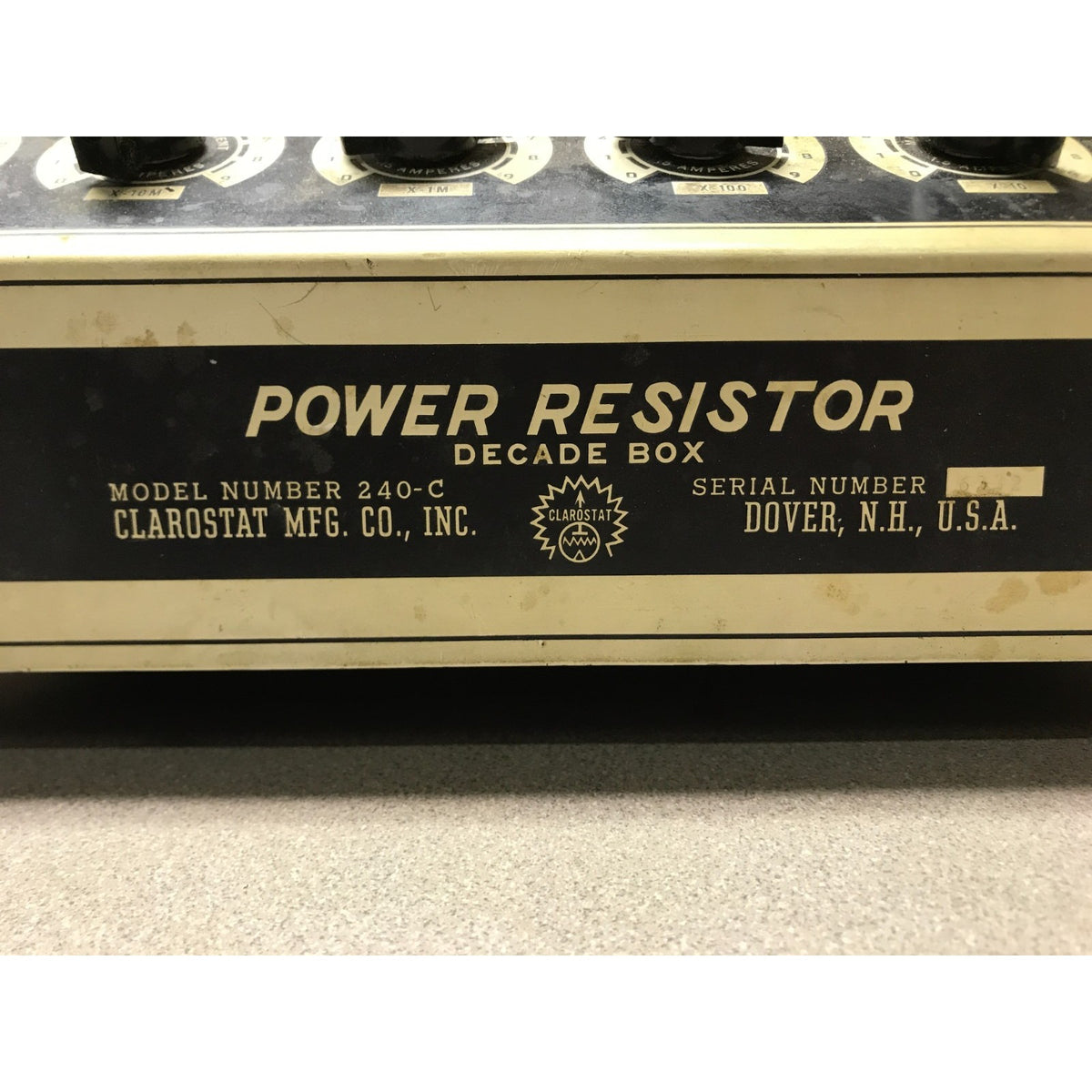 Clarostat Mfg Co 240-C Power Resistor Decade Box closeup of front label